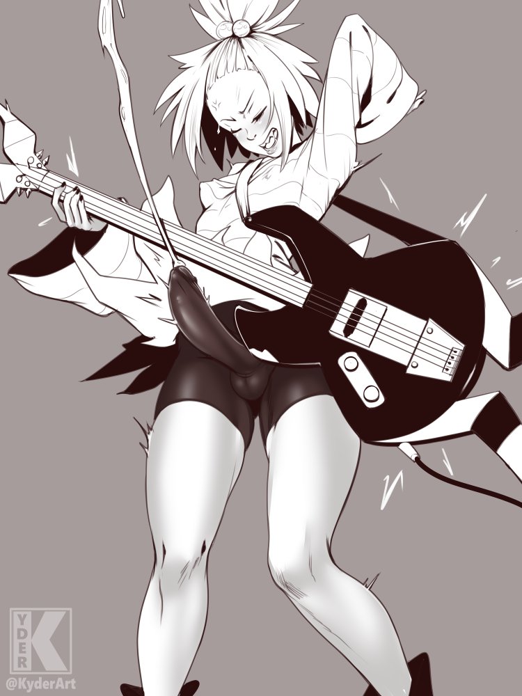 1futa, 2022, balls, big penis, breasts, clothed, clothing, cum, ejaculation, erection, erection under clothes, fully clothed, futa only, futanari, guitar, hands-free, handsfree ejaculation, human, instrument, intersex, kyder, monochrome, orgasm, penis, pokemon, projectile cum, roxie (pokemon), solo, standing, tenting, tight clothing