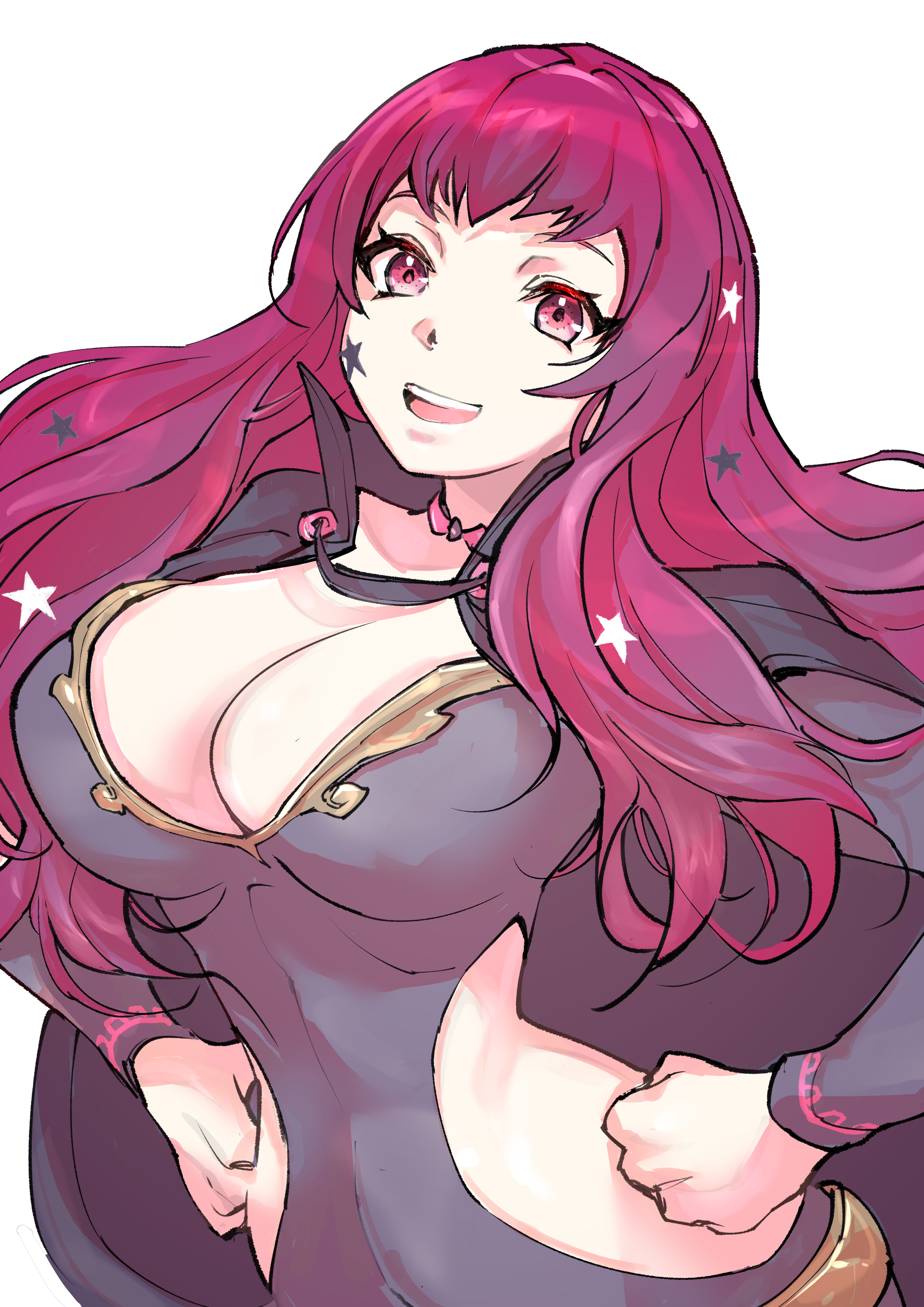 :d, 1girls, absurdres, bangs, belt, black cape, bodysuit, breasts, cape, chest strap, choker, cleavage, commentary, facial mark, female, female only, fire emblem, fire emblem engage, gold belt, grey bodysuit, hair ornament, hands on hips, high collar, highres, large breasts, long hair, looking at viewer, nintendo, open mouth, pink choker, pink eyes, pink hair, pink pupils, side cutout, simple background, smile, solo, star (symbol), star facial mark, star hair ornament, teeth, ug333333, upper teeth, white background, yunaka (fire emblem)