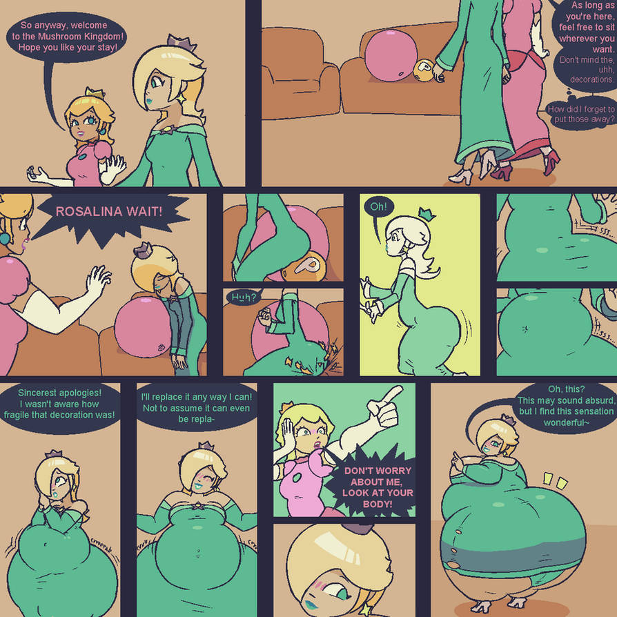 2girls ass ass_expansion belly belly_inflation bo-the-sno comic dialogue duo english_text female female_only huge_ass inflation mario_(series) nintendo p-balloon princess_peach princess_rosalina super_mario_bros. super_mario_world