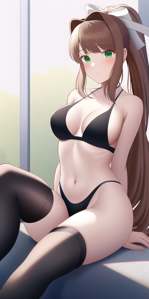 ai generated, black bra, black panties, black thighhighs, blush, bra, breasts, doki doki literature club, female, green eyes, medium breasts, monika (doki doki literature club), nai diffusion, panties, ponytail, sitting, stable diffusion, thighhighs, white ribbon