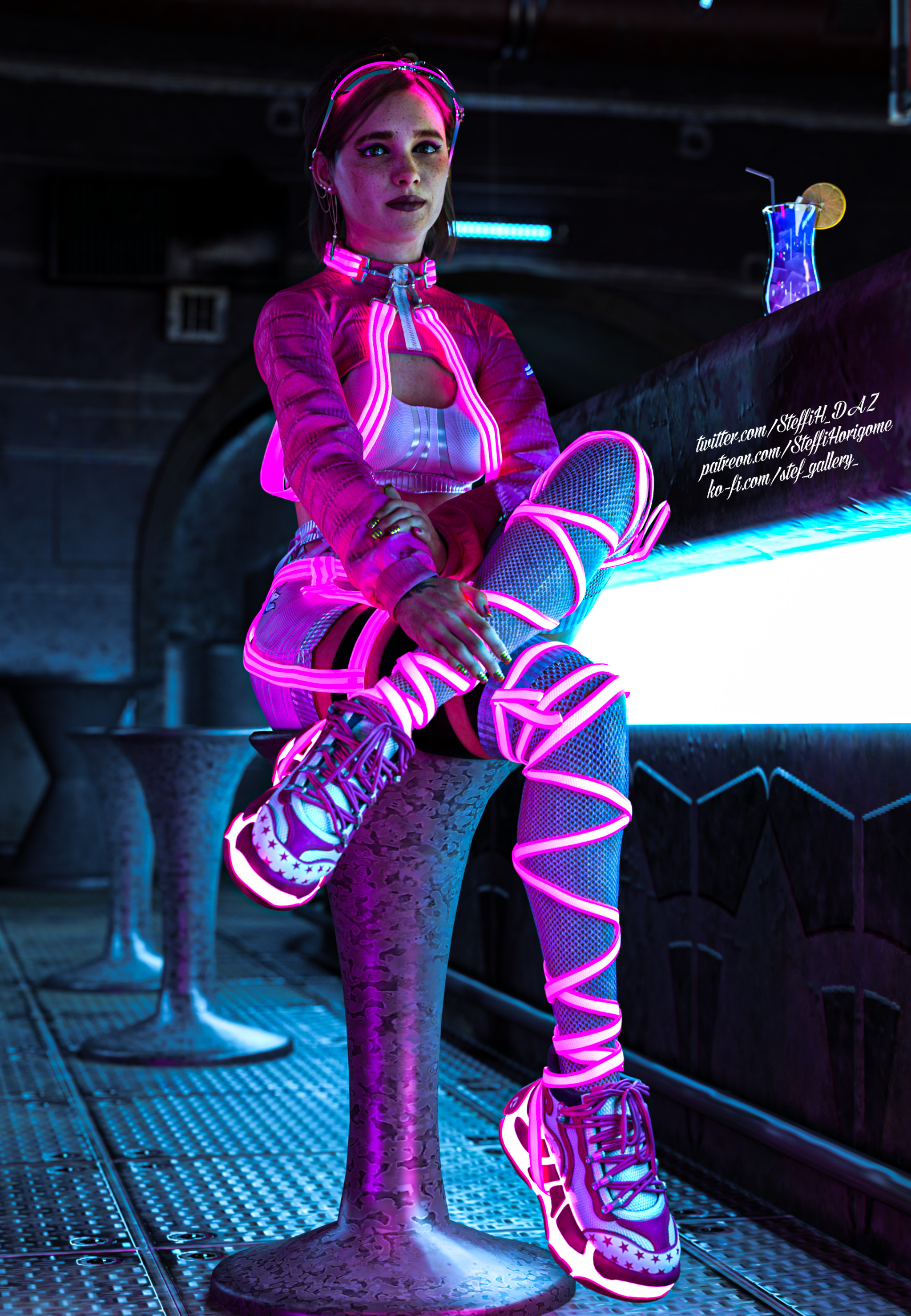 3d, 3d (artwork), bar, boob window, breasts, brown hair, cleavage, cleavage cutout, clothed, cyberpunk, ellie (the last of us), ellie williams, female, female focus, female only, freckles, hi res, highres, looking at viewer, naughty dog, neon, neon lights, short hair, solo, solo female, solo focus, sony interactive entertainment, steffih daz, the last of us, the last of us 2