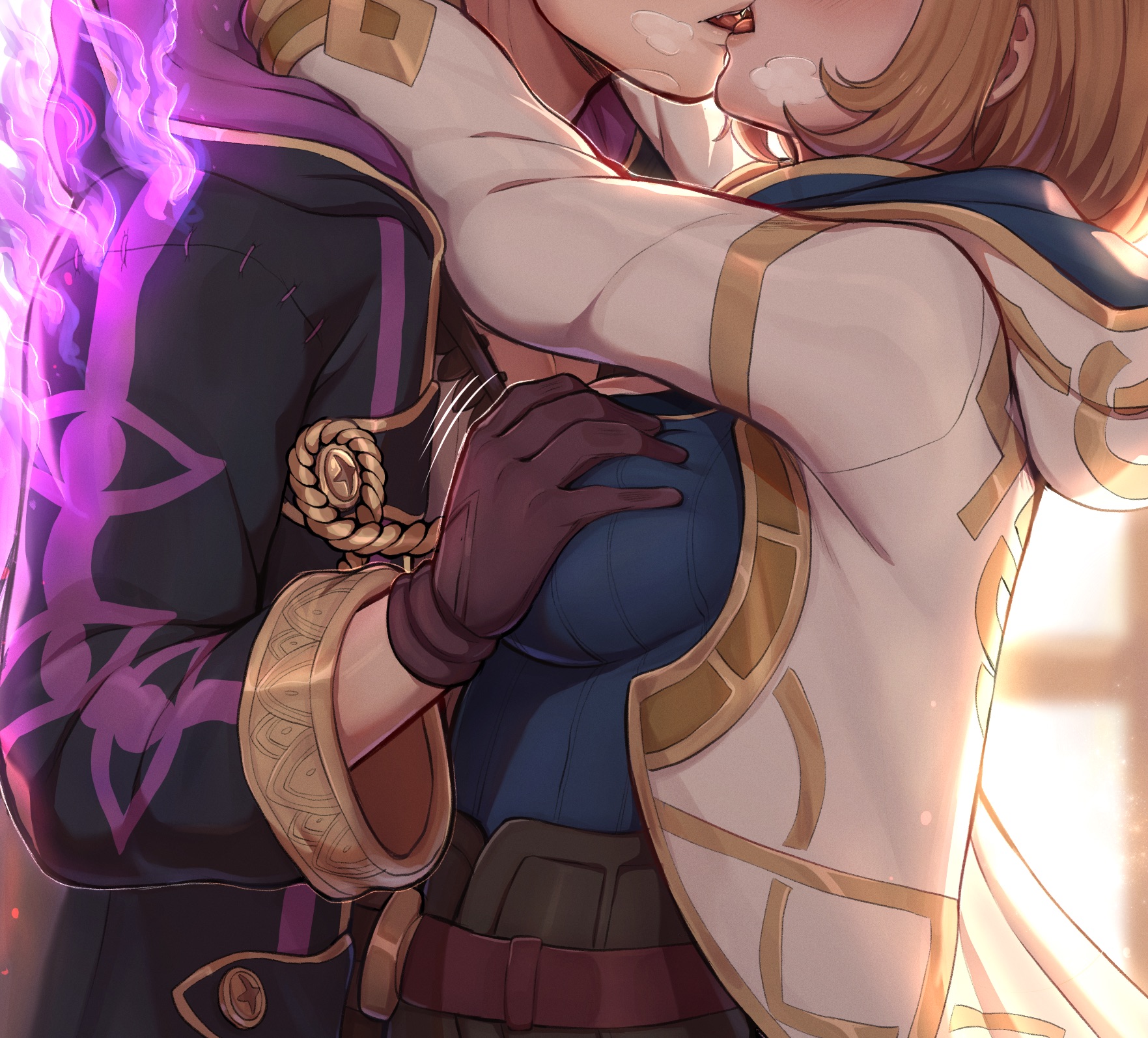 1boy, 1girls, blonde hair, breast grab, breasts, evomanaphy, female, fire emblem, fire emblem awakening, fire emblem heroes, gloves, grima (fire emblem), groping, heavy breathing, hug, kiran (fire emblem), kiran (fire emblem) (female), kissing, male, medium breasts, nintendo, robin (fire emblem), robin (fire emblem) (male), tongue, tongue out