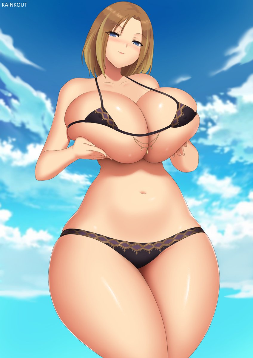 big_breasts bikini black_bikini blue_eyes borrowed_character breasts breasts_bigger_than_head brown_hair crysten_kimura_(pantsudesu) huge_breasts huge_thighs kainkout large_breasts looking_at_viewer outdoors solo solo_female thick_thighs thighs thighs_bigger_than_head voluptuous