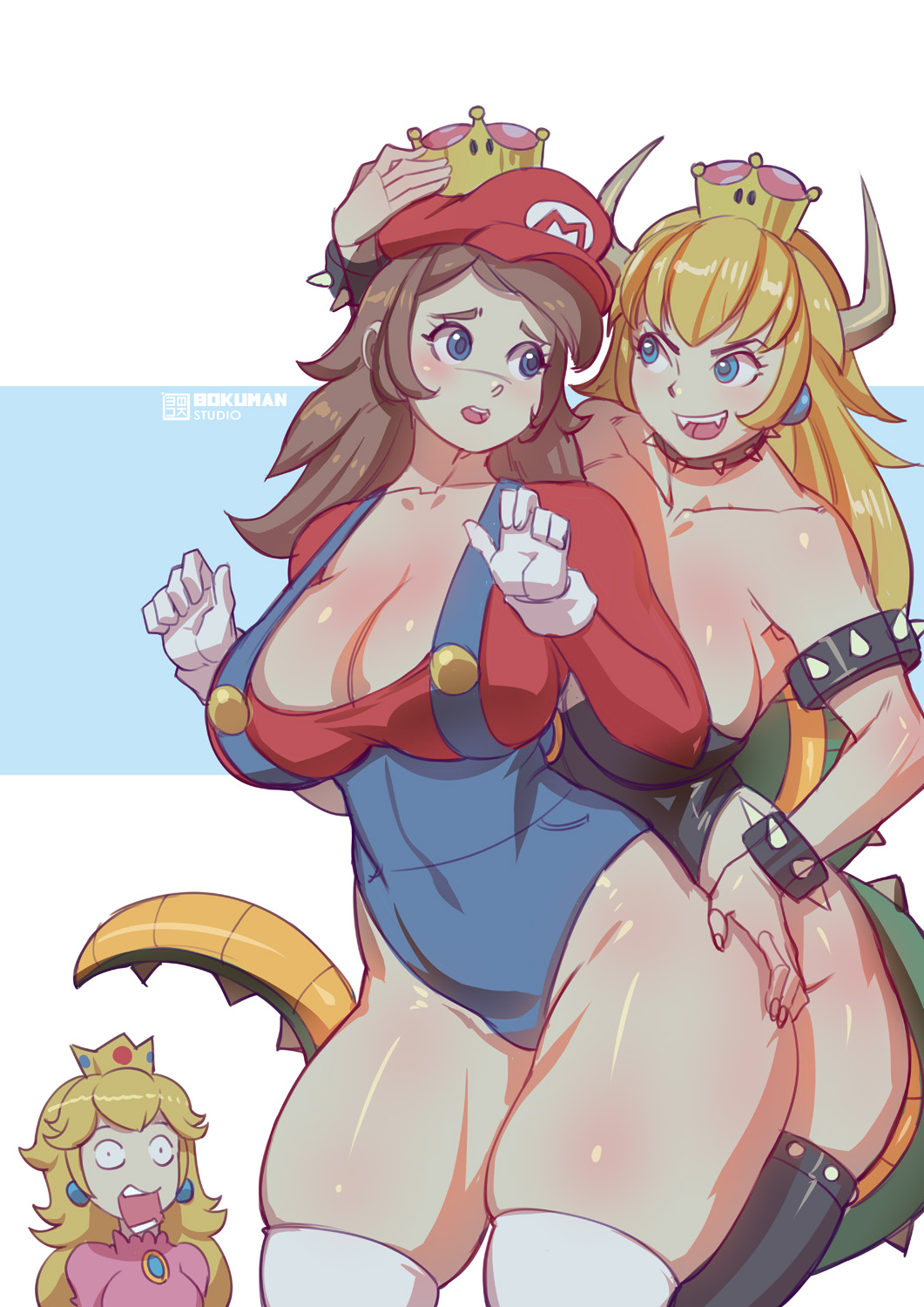 3girls big_breasts blonde_hair blue_eyes blush bokuman bowsette brown_hair crown earrings eyebrow_slits fangs female female_only gloves grabbing_ass groping hat holding_ass holding_head horns mariette mario mario_(series) multiple_girls new_super_mario_bros._u_deluxe nintendo overalls princess_peach rule_63 shell shocked skimpy skindentation spiked_bracelet spiked_collar spikes super_mario_bros. tail thick_thighs thighhighs yuri