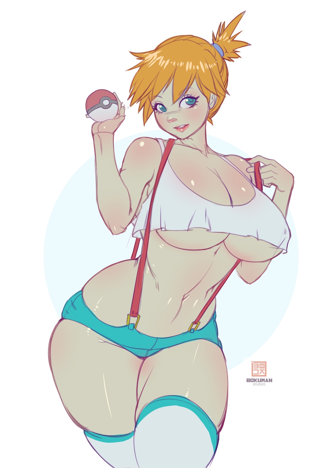 1girls, blue eyes, bokuman, breasts, female, female only, game freak, kasumi (pokemon), nintendo, orange hair, pokemon, solo, underboob, white background