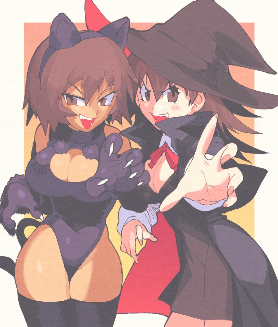 2girls, azumanga daiou, bare legs, big breasts, black clothing, black dress, blush, blush stickers, bowtie, breasts, brown eyes, brown hair, busty, cat ears, cat tail, claws, cleavage, clothed, coat, dress, duo, duo focus, fake animal ears, fake tail, fangs, female, female focus, female only, fully clothed, gloves, gradient, halloween, halloween costume, hat, inkerton-kun, inkuusan, kagura (azumanga daiou), large breasts, leotard, light skin, light-skinned female, looking at viewer, medium hair, multiple females, multiple girls, open mouth, orange background, paws, red bow, revealing clothes, short hair, smile, tan, tan skin, tan-skinned female, thick thighs, thighhighs, thighs, tomo takino, white background, white clothing, witch, witch hat