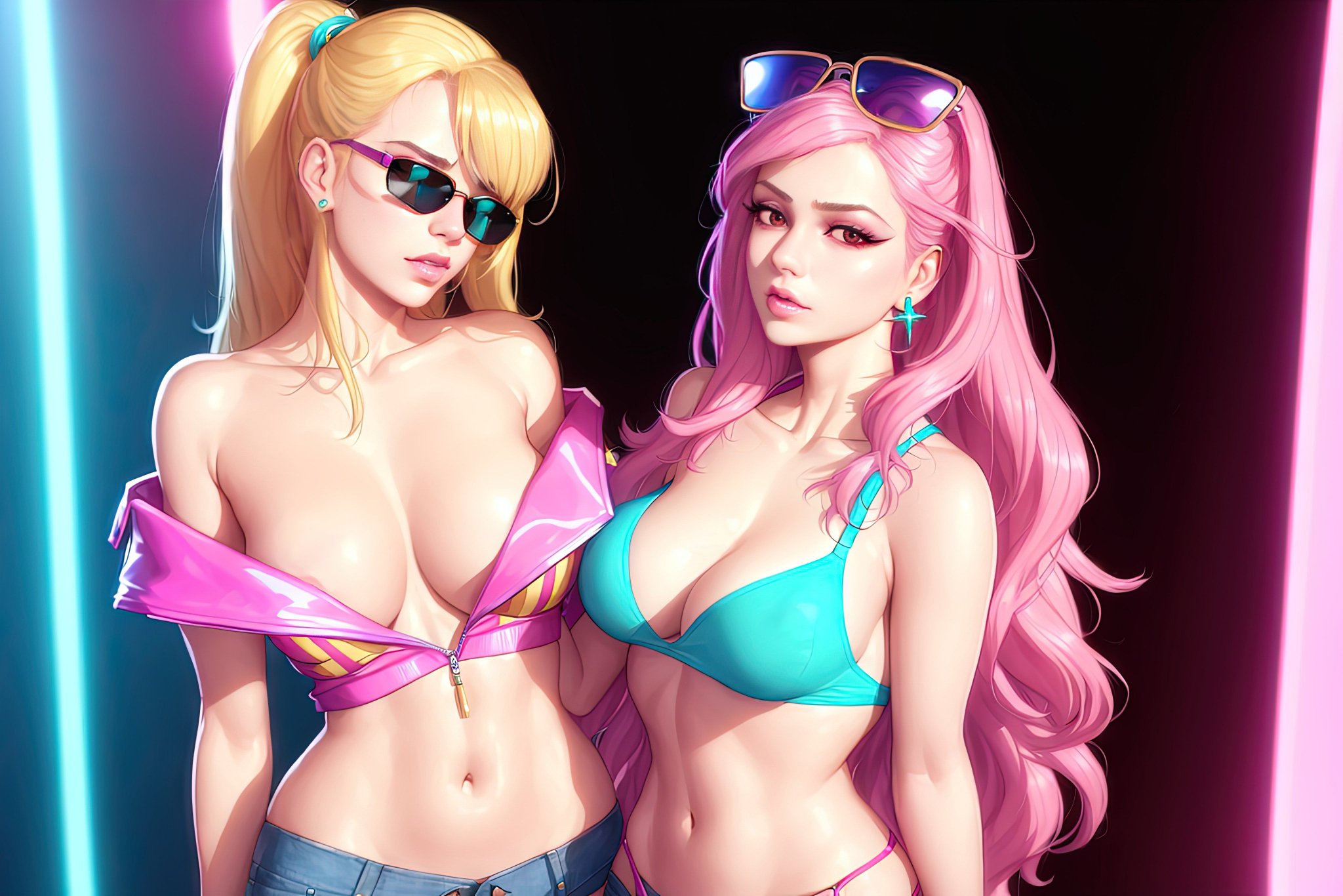 2023, 2girls, ai generated, blonde hair, breasts, busty, curvaceous, curvy female, curvy figure, female, female focus, female only, hi res, light skin, light-skinned female, looking at viewer, pale skin, pale-skinned female, party, pink hair, stable diffusion, sunglasses, tinted eyewear, voluptuous female