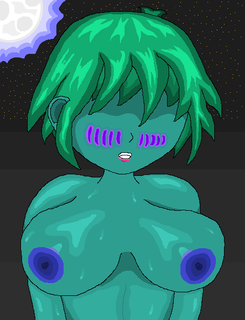 1girls arms_down blush breasts colored_background eyes_in_shadow green_hair jorgeormay01 moon naked night_sky nipples oc original_character pink_lipstick pixel pixel_art red_star stars sweating teal_skin teeth