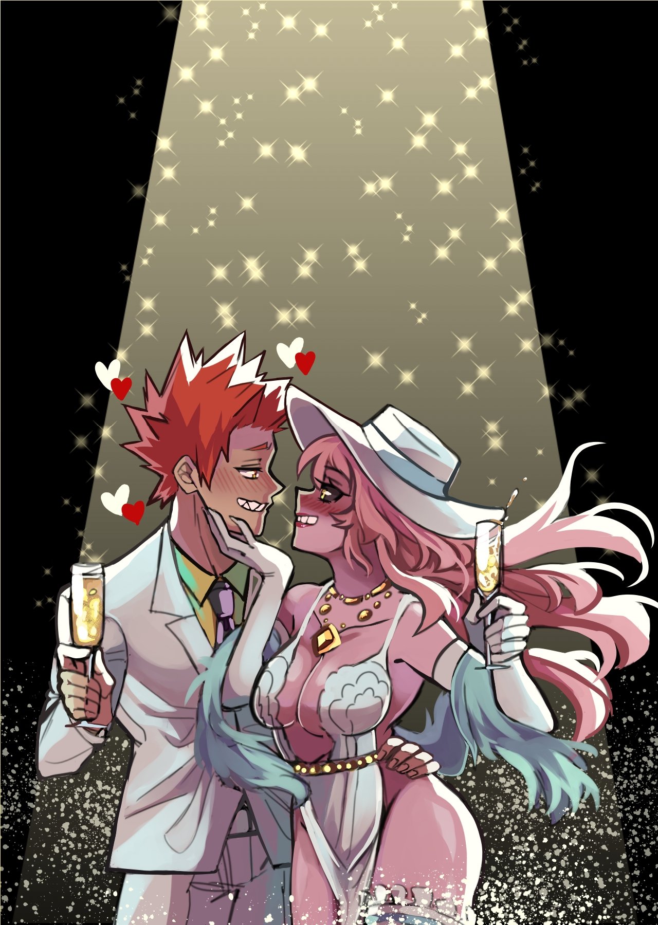 1boy, 1girls, aged up, alternate hairstyle, ass, black sclera, celebration, champagne, cleavage, deep cleavage, eijirou kirishima, eye contact, face to face, fanon couple, female, festive, hand on face, hand on waist, happy, heart, jewelry, long hair, male, mina ashido, my hero academia, new year, pink hair, pink skin, red hair, revealing clothes, straight, suit, thighs, voluptuous