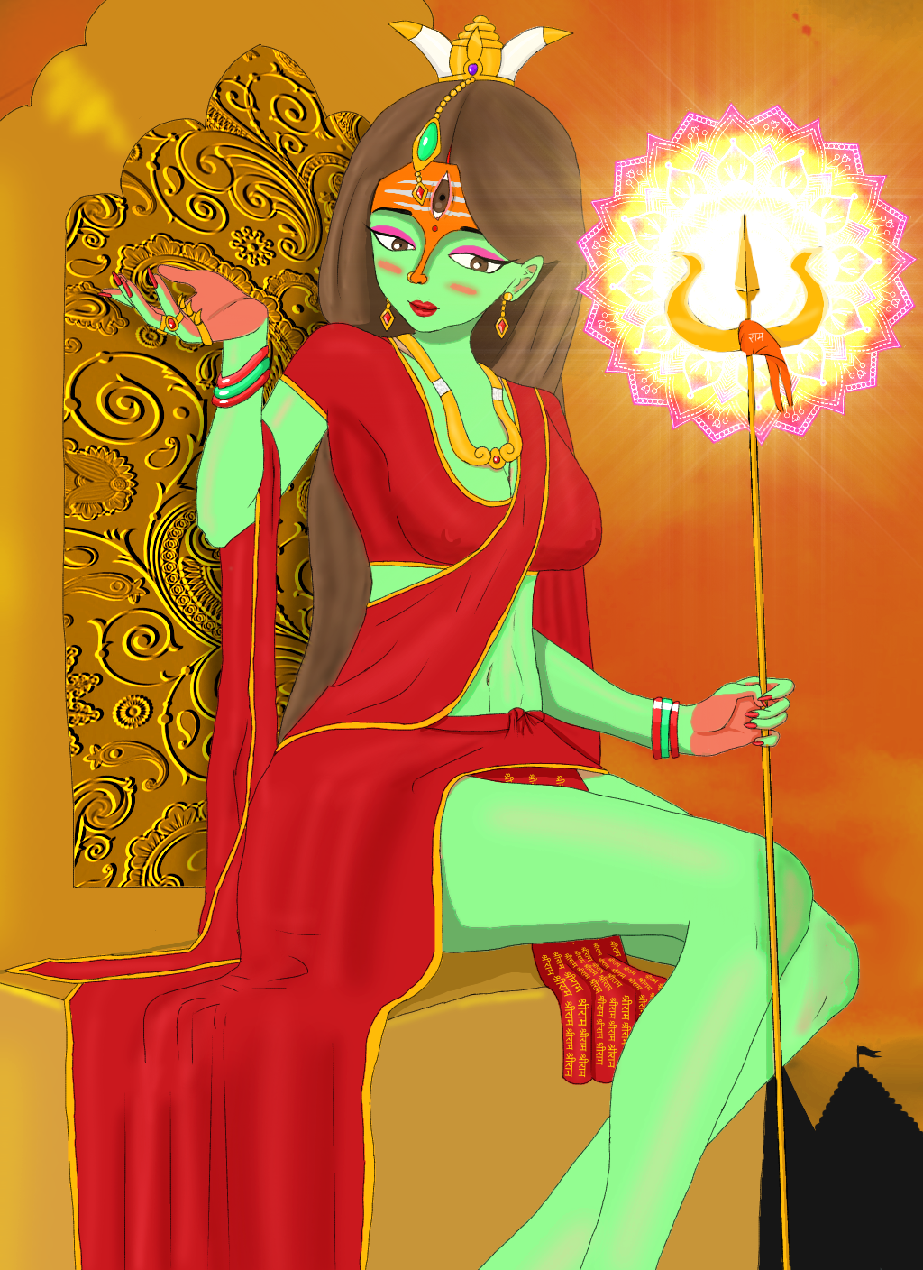 3_eyes brown_eyes goddess green_skin hindu_mythology hinduism indian indian_female jewelry oc original original_character queen royalty saree staff throne