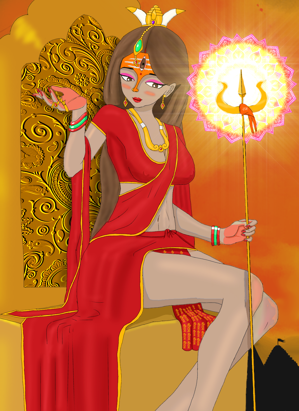 3_eyes brown_eyes goddess hindu_mythology hinduism indian indian_female jewelry oc original original_character queen royalty saree staff tanned tanned_female tanned_skin throne