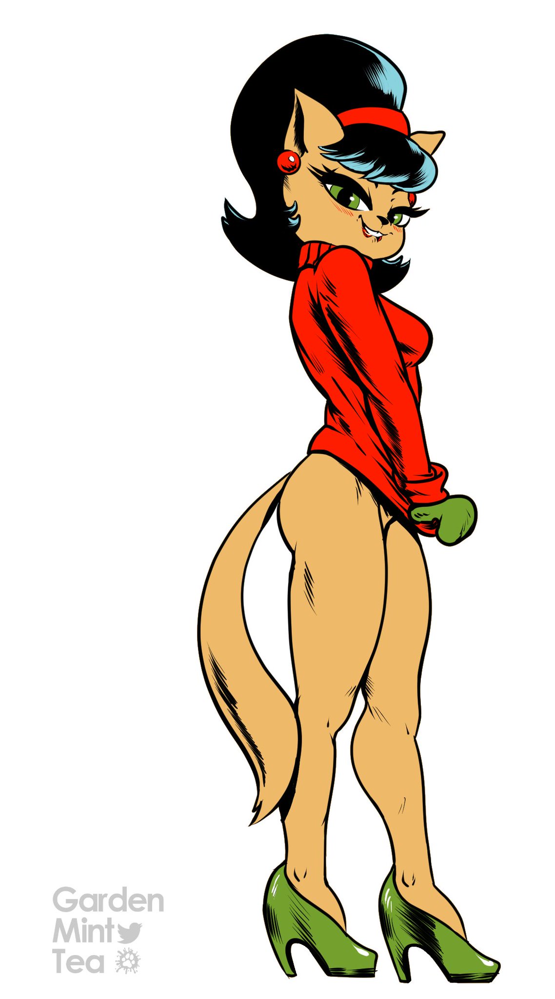 1girls 2023 accessory anthro artist_name ass big_eyes big_iris biped bite biting_lip biting_own_lip black_eyebrows black_eyelashes black_hair blush blush_lines bottomless bottomless_anthro breasts christmas clothed clothing clothing_pull digital_media_(artwork) domestic_cat ear_piercing ear_ring extended_arm eyebrows eyelashes felid feline felis female footwear full-length_portrait fur furaffinity furaffinity_logo gardenminttea glistening glistening_clothing glistening_ear_ring glistening_eyes glistening_footwear glistening_high_heels gloves green_clothing green_eyes green_footwear green_gloves green_handwear green_high_heels hair hair_accessory hairband handwear hi_res high_heels holidays inspired_by_formal_art kitty_katswell lipstick logo long_hair looking_at_viewer makeup mammal medium_breasts naughty_face nickelodeon piercing pinup portrait prick_ears red_clothing red_earring red_hairband red_lipstick red_sweater red_topwear ring_piercing self_bite side_view simple_background solo standing sweater sweater_pull t.u.f.f._puppy tan_body tan_fur teeth thick_eyelashes topwear topwear_pull turtleneck twitter twitter_logo white_background