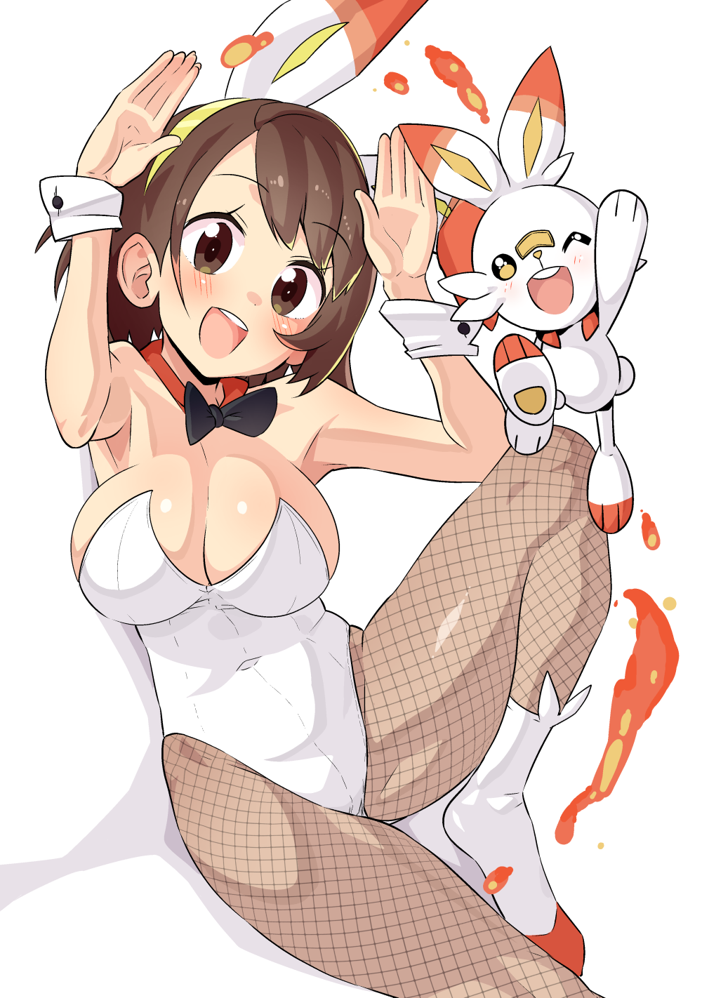 1girls 1pokemon alternate_breast_size breasts brown_eyes brown_hair bunny_ears bunny_girl bunnysuit cleavage female female_focus fishnet_legwear fishnets gloria_(pokemon) highleg_leotard holidays large_breasts leotard new_year nintendo pokemon pokemon_(cosplay) pokemon_ss scorbunny_(cosplay) short_hair smile thick_thighs thighs tottotonero white_leotard