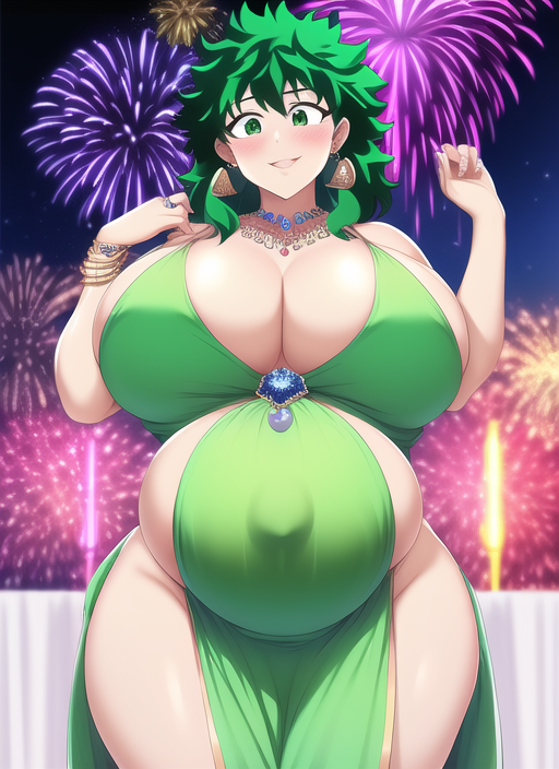 1girls ai_generated female female_deku female_only genderswap_(mtf) green_dress izuku_midoriya my_hero_academia new_year pregnant pregnant_milf rule_63 stable_diffusion