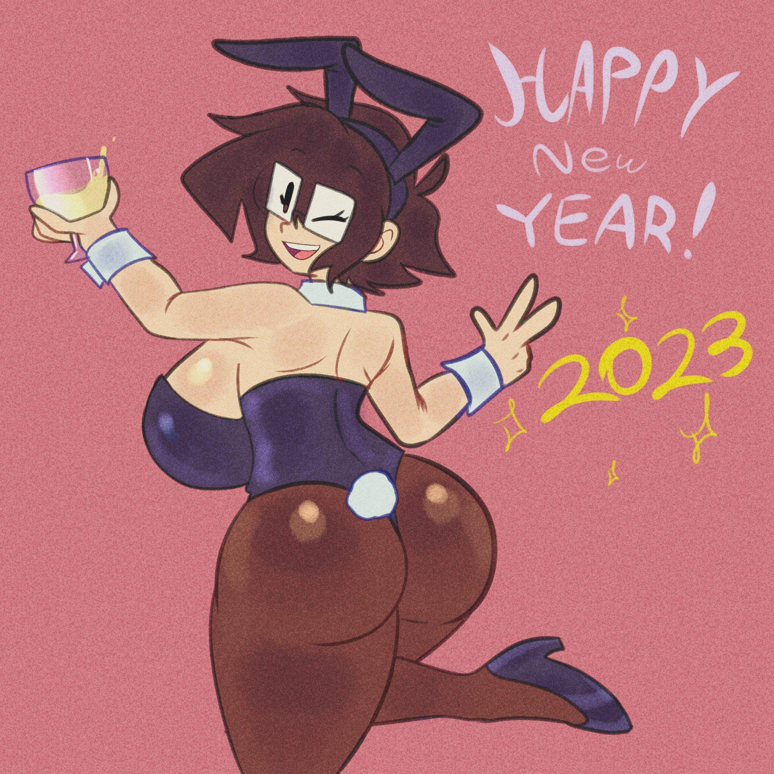 1girls, 2023, ass, breasts, brown hair, bunny ears, bunnysuit, female, glasses, lueduar, lueduartv, lulú (lueduar), new year, short hair, solo, tagme