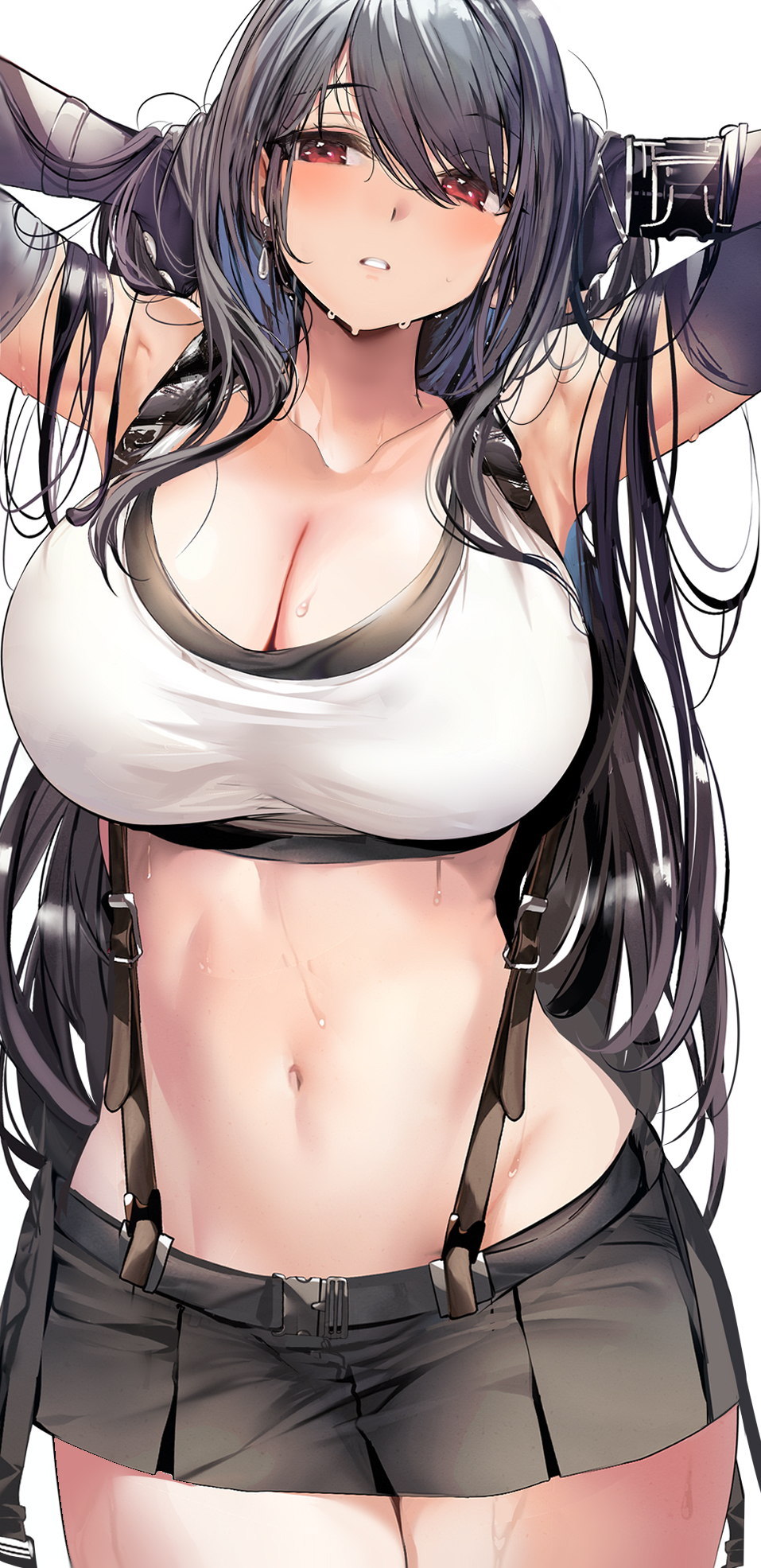 1girls, alternate version available, armpits, arms behind head, arms up, belly button, belted skirt, black hair, black skirt, blush, breasts, cleavage, clothed, clothed female, emotionless, emotionless female, female, female only, final fantasy, final fantasy vii, final fantasy vii remake, hips, huge breasts, indifference, indifferent, long hair, marushin (denwa0214), midriff, miniskirt, red eyes, short skirt, simple background, skirt, slim waist, solo, sports bra, square enix, suspenders, sweat, tank top, thick thighs, thighs, tifa lockhart, tomboy, unbothered, wet, wet body, white background, wide hips