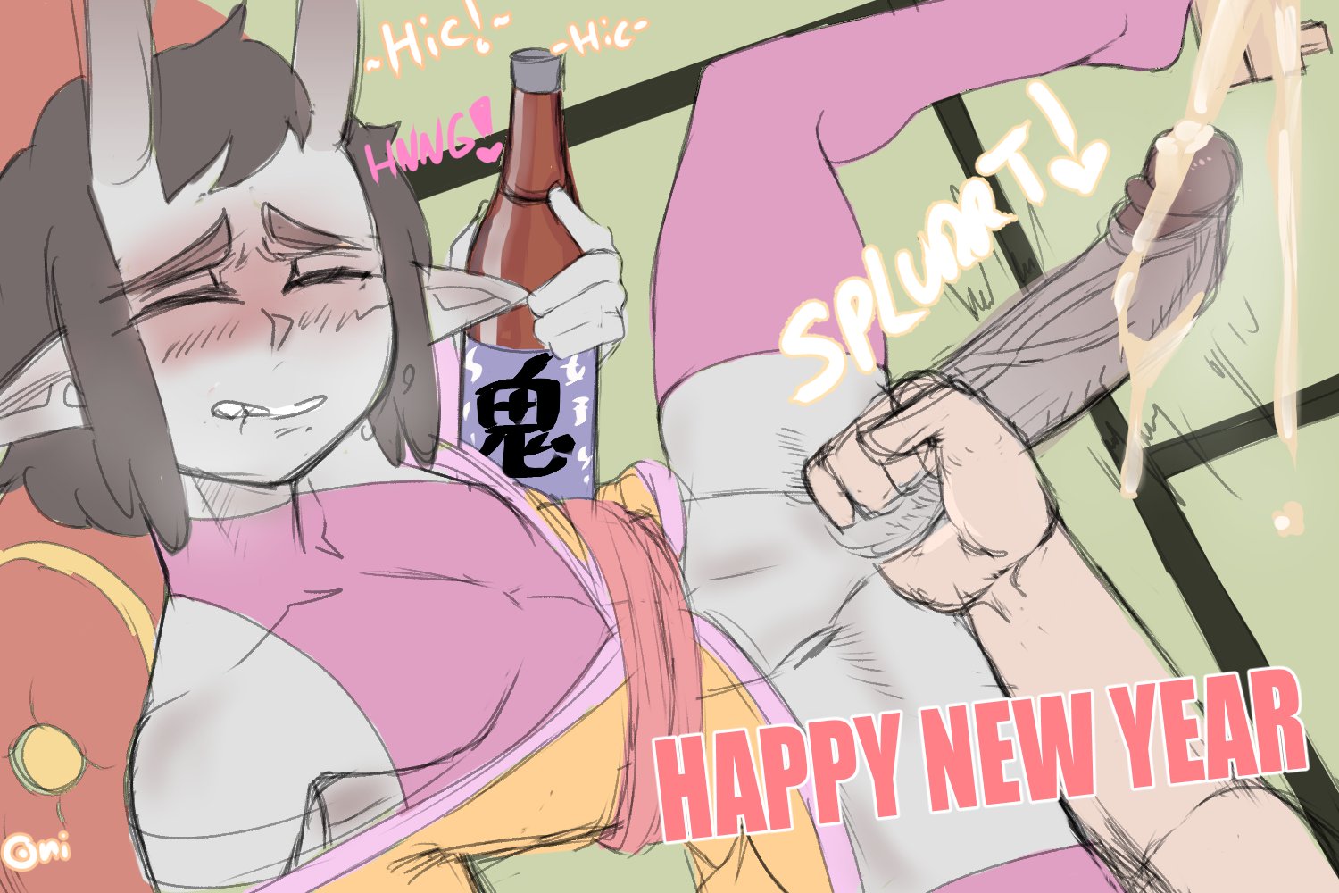 2boys, alcohol, androgynous, blush, closed eyes, cum, drunk, grey skin, handjob, happy new year, huge cock, male, new year, oni, oni draws, penis, pointy ears, yaoi