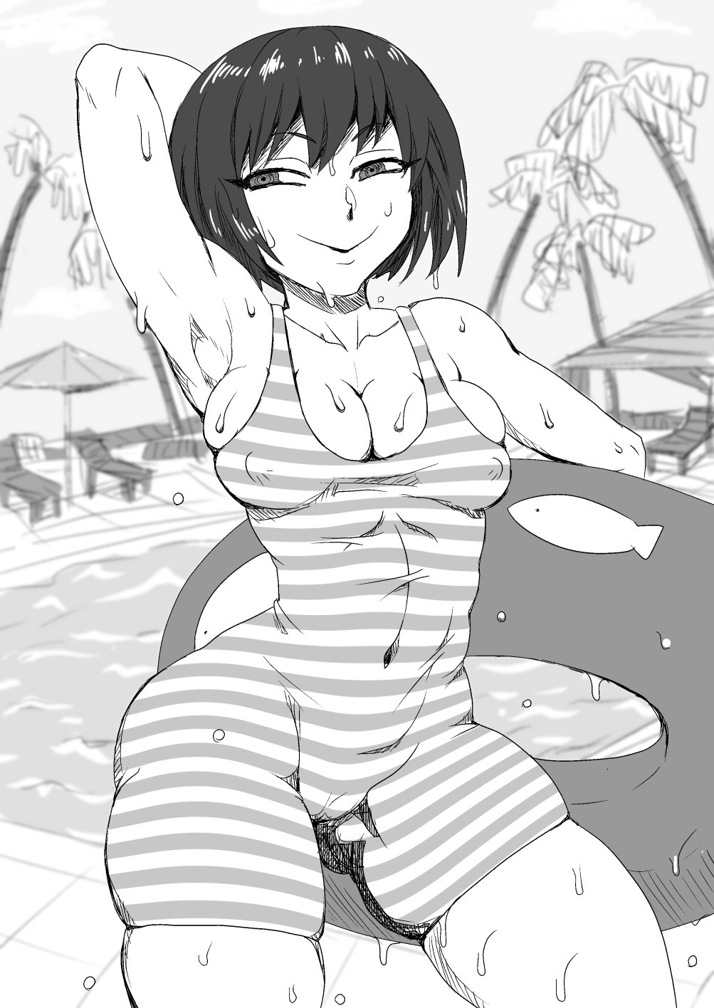 arm_up armpits bursting_breasts cleavage deusa female female_only innertube kengan_(series) kengan_ashura kushida_rin looking_away medium_breasts monochrome nipple_bulge one-piece_swimsuit pool short_hair smile solo striped striped_swimsuit swimsuit swimwear thick_thighs tight_clothing wet_skin wide_hips