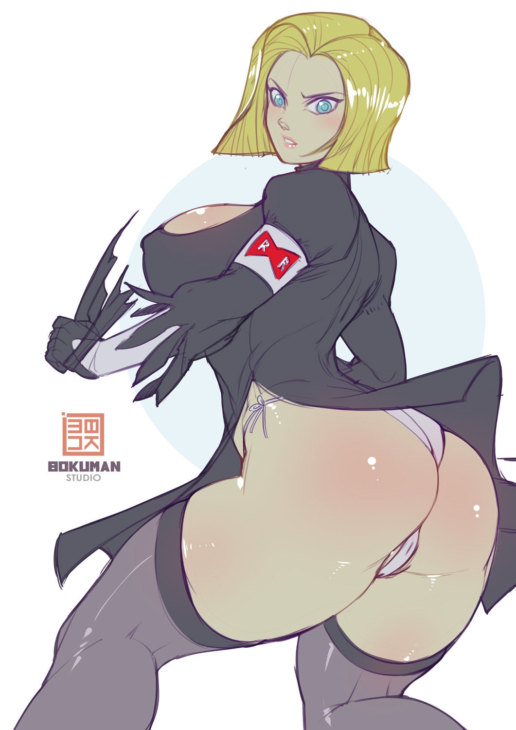 android 18, ass, blonde hair, blue eyes, bokuman, dragon ball, female, looking back, nier: automata, yorha 2b (cosplay)