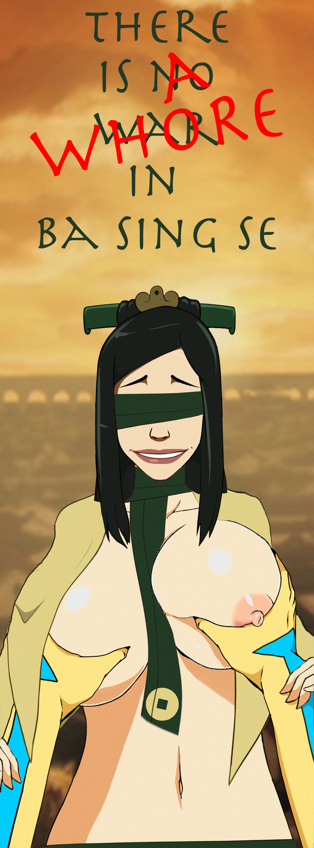 1boy, 1girls, aang, air nomad, airbender tattoo, alternate breast size, asian, asian female, asian male, avatar legends, avatar the last airbender, big breasts, breasts, clothing, earth kingdom, english text, eyes covered, female, groping, huge breasts, iceborn, joo dee, large breasts, male, male/female, mature female, milf, nonbender, partial male, pov, straight, the avatar