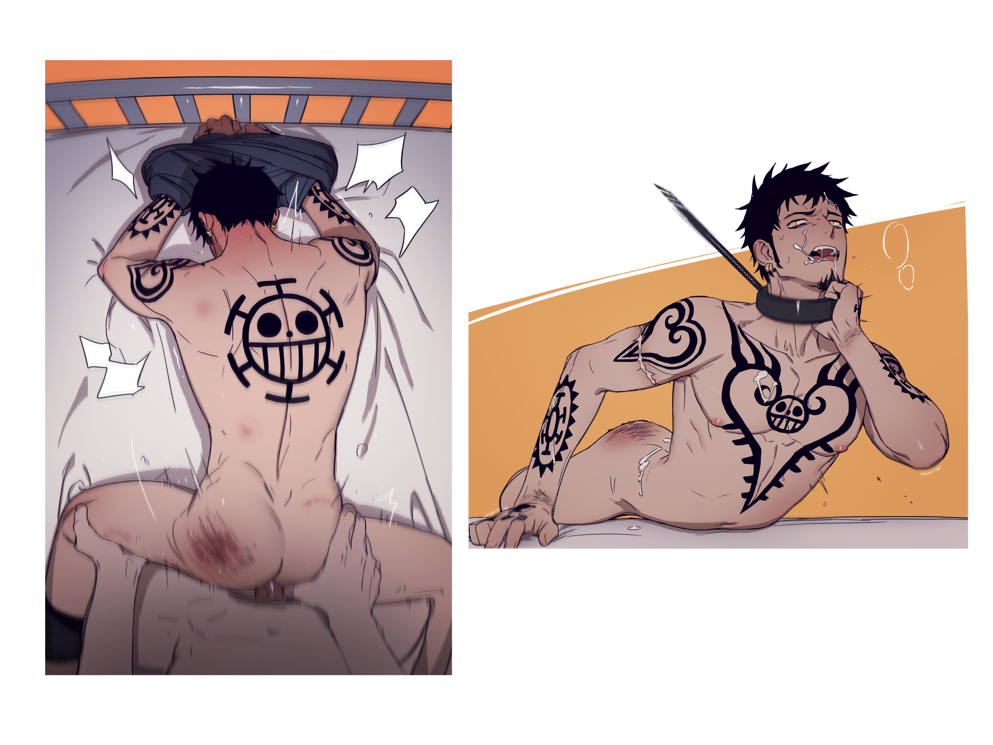 2boys, anal, anal sex, back tattoo, black hair, bound wrists, chest tattoo, collar, completely nude, donquixote rosinante, earrings, facial hair, forced, forced yaoi, from behind, gay, goatee, leg grab, looking back, male, male only, male pov, motion blur, motion lines, multiple images, nihili, nude, on bed, one piece, pecs, pov, sideburns, solo focus, tattoo, tattoos, thigh gap, trafalgar law, yaoi, yellow eyes