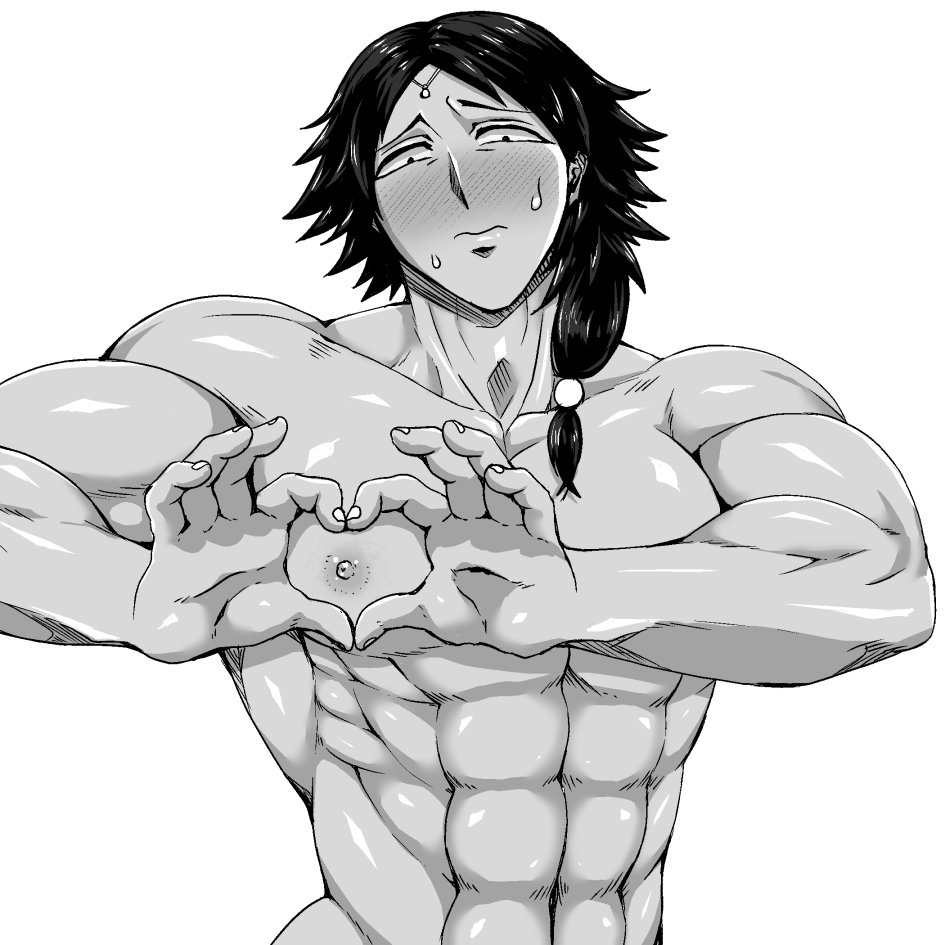 abs blush circlet deusa embarrassed gaolang_wongsawat heart-shaped_boob_challenge kengan_(series) kengan_ashura long_hair_male looking_at_viewer low-tied_long_hair low_ponytail male male_only monochrome muscular muscular_male nude ponytail solo sweat upper_body