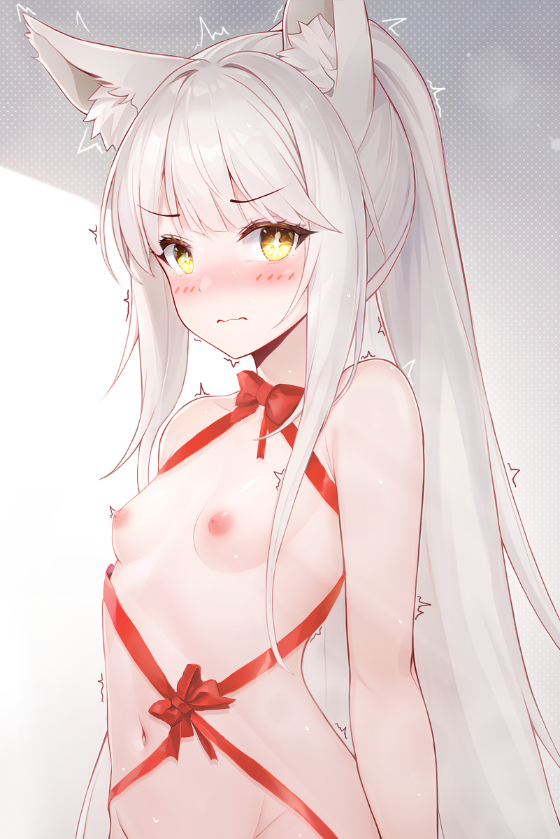 1girls, ai assisted, ai generated, animal ear fluff, animal ears, arknights, bangs, blush, breasts, bright pupils, closed mouth, collarbone, completely nude, eyebrows visible through hair, female, flat chest, flat chested, gradient background, high ponytail, highres, lattekoi5252, long hair, looking at viewer, navel, nipples, nude, platinum (arknights), ponytail, small breasts, solo, standing, stomach, tape, trembling, upper body, white hair, yellow eyes