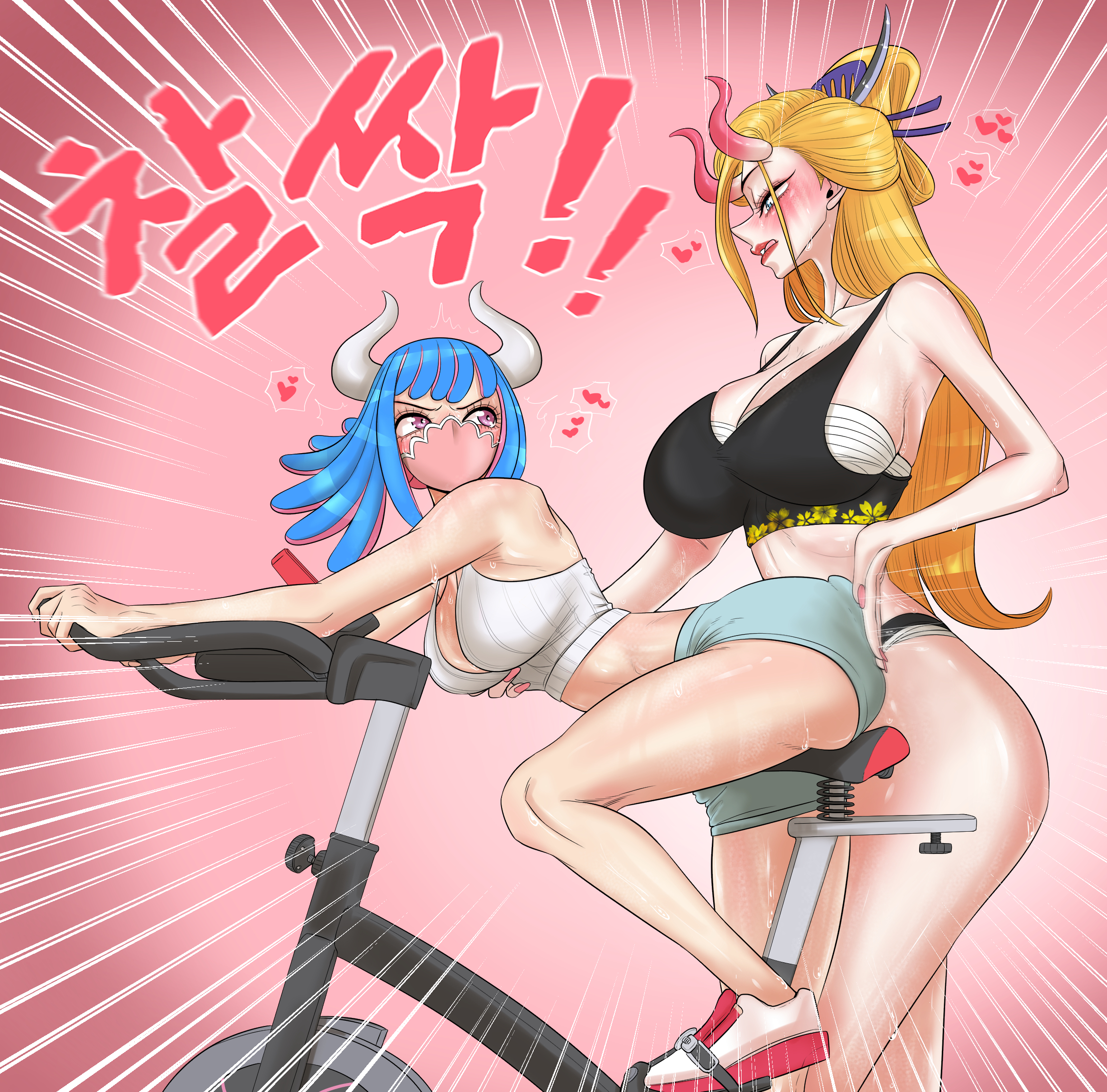 2girls, alternate costume, bicycle, black maria, black tank top, blonde hair, blonde-haired female, blue hair, blue-haired female, breasts, butt slap, color, exclamation mark, female, female only, gym clothes, hair ornament, heart symbol, highres, horns, huge breasts, japanese text, licking lips, one piece, pink background, shoes, simple background, slapping butt, spanking, speed lines, taejaho, tank top, text, ulti (one piece), white tank top, workout, workout clothes, yuri