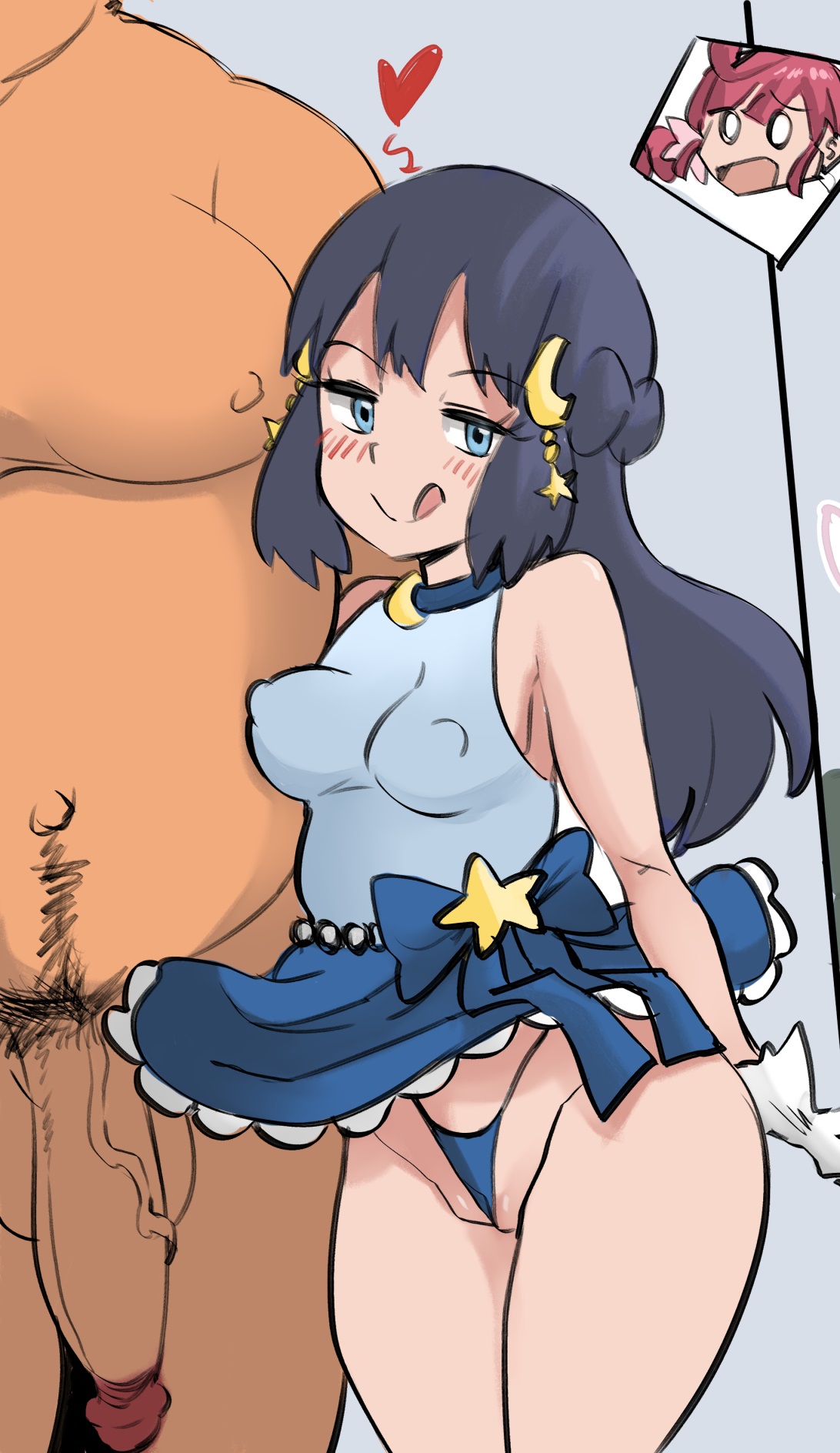 1boy, 2girls, age difference, alternate costume, blue eyes, blue hair, cameltoe, chloe (pokemon), contest dress, dark skin, dark-skinned male, dawn (pokemon), fat male, female, female focus, hi res, licking lips, looking at viewer, male, nintendo, official alternate costume, older male, older male and younger female, penis, pokemon, pokemon (anime), pokemon dppt, pokemon journeys, pussy, pussy lips, reach025, skirt, teenage female, teenager, thighs, thong, younger female
