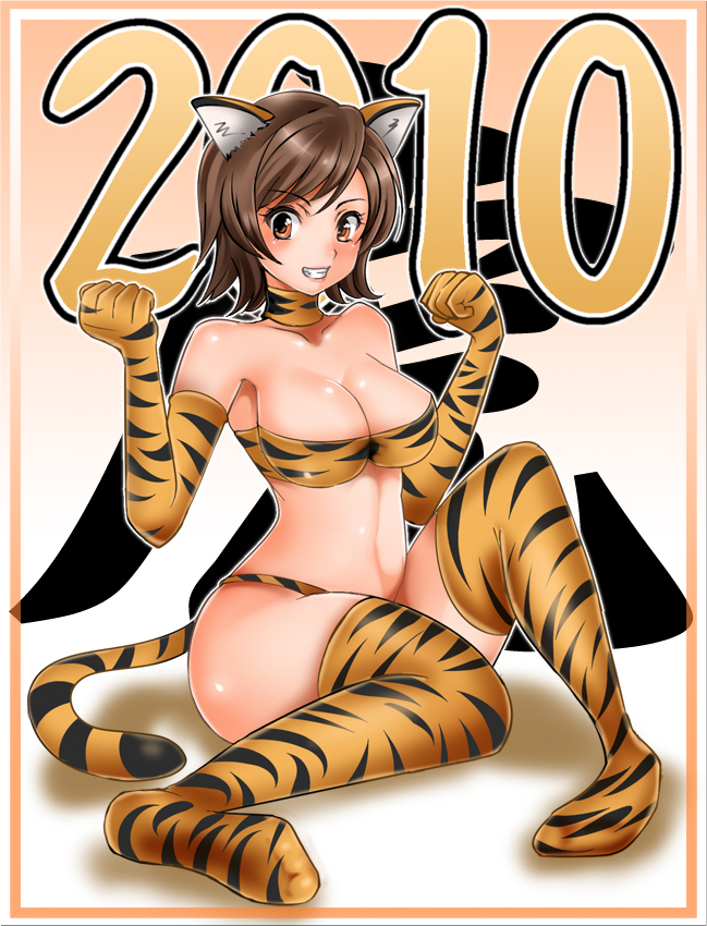 1041_(toshikazu) 10s 1girls 2010 animal_ears bandai_namco big_breasts bikini breasts brown_eyes brown_hair choker cleavage elbow_gloves female female_only gloves grin happy_new_year kazama_asuka namco navel new_year orange_bikini short_hair sitting smile solo stockings swimsuit tail tekken tiger_ears tiger_tail