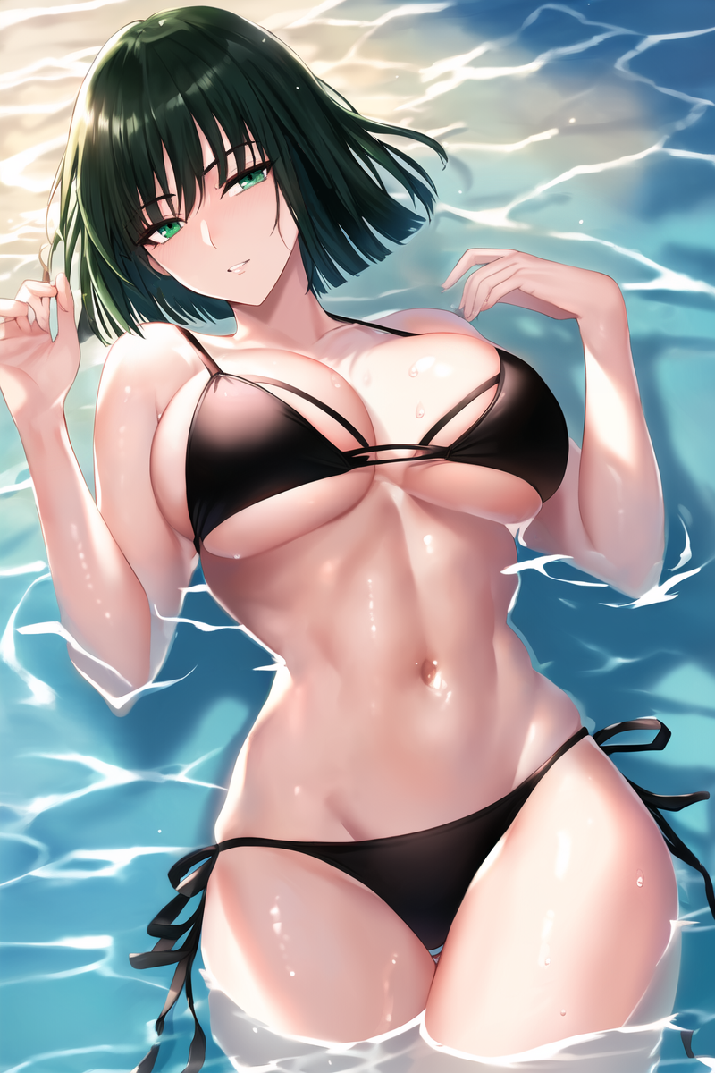 1girls, ai generated, bangs, beach, belly, belly button, big breasts, bikini, blush, breasts, busty, cleavage, curvaceous, curvy, curvy body, curvy female, curvy figure, dark green hair, edit, eye contact, eyelashes, female, female focus, female only, fit, fit female, fringe, front view, fubuki (one-punch man), green eyes, green hair, hips, hourglass figure, large breasts, laying on back, legs, lips, lipstick, looking at viewer, lying, lying on back, medium hair, midriff, nai diffusion, navel, ocean, one-punch man, sea, shiny skin, short hair, smile, smiling, smiling at viewer, solo, solo female, solo focus, stable diffusion, stomach, teasing, thick, thick thighs, thigh gap, thighs, toned, toned female, toned stomach, voluptuous, water, wet skin, wide hips