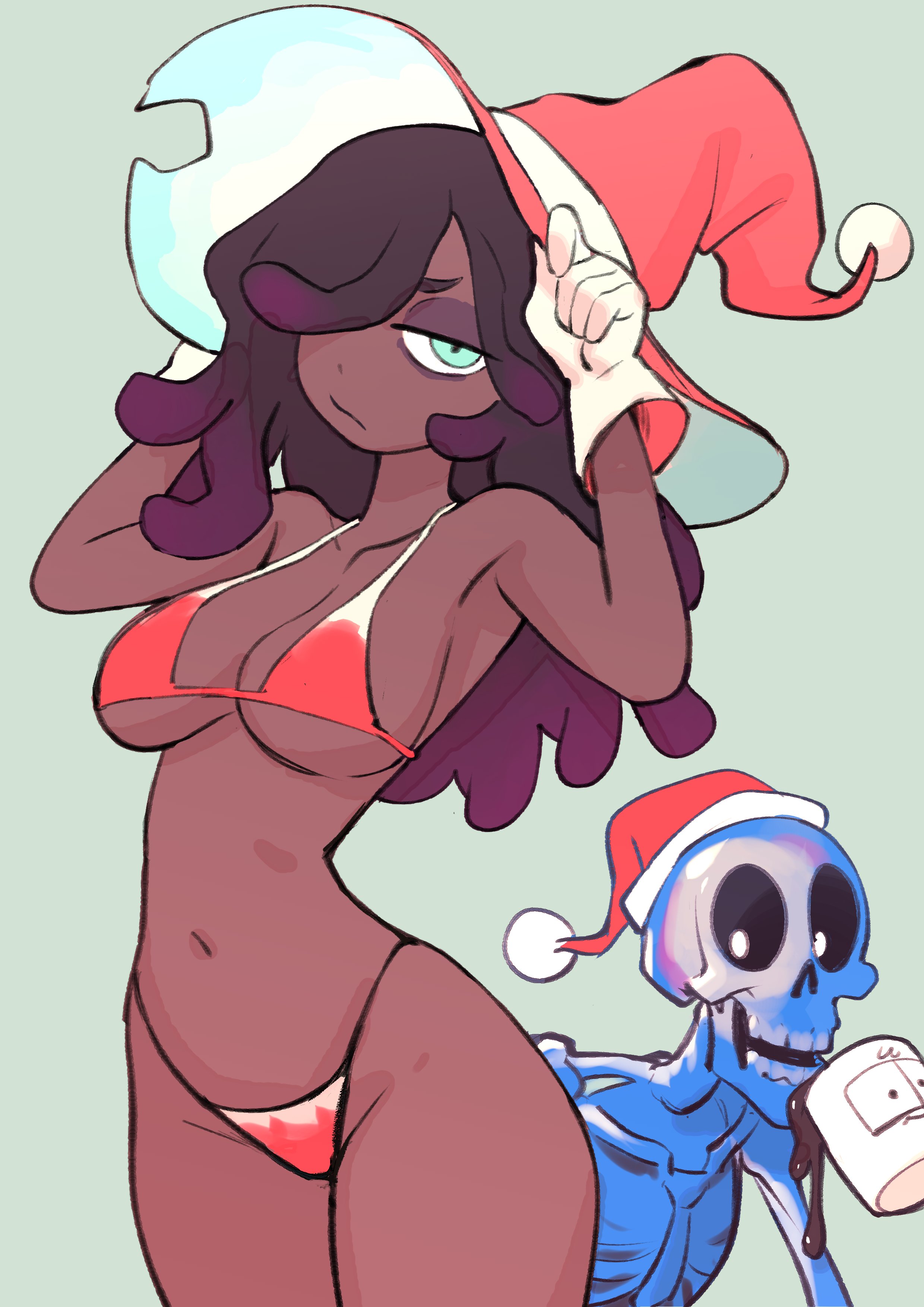 big breasts, black hair, blue eyes, breasts, bumblesteak, colo, colodraws, dark skin, female, hat, leandra (bumblesteak), skeleton, tiny bikini, wide hips