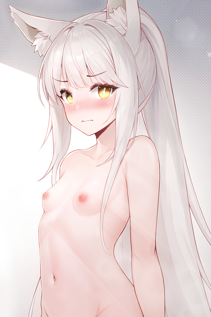 1girls, ai assisted, ai generated, animal ear fluff, animal ears, arknights, bangs, blush, breasts, bright pupils, closed mouth, collarbone, completely nude, eyebrows visible through hair, female, gradient background, high ponytail, highres, lattekoi5252, long hair, looking at viewer, navel, nipples, nude, platinum (arknights), ponytail, small breasts, solo, standing, stomach, upper body, white hair, yellow eyes