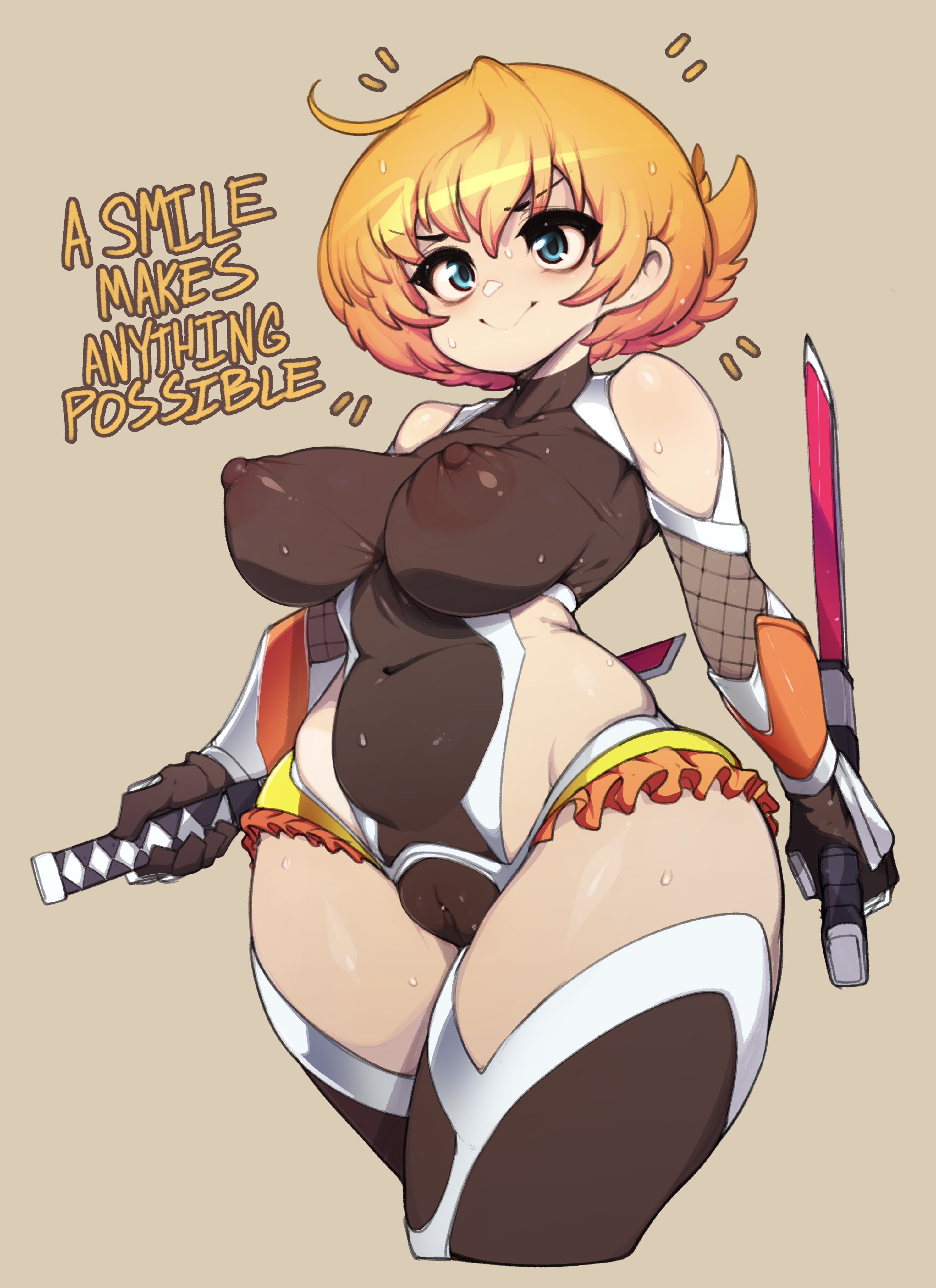 1girls, 2022, absurd res, areolae, armwear, beige background, blue eyes, blush, breasts, breasts visible through clothing, cameltoe, english text, female, female only, igawa sakura, katana, legwear, leotard, medium hair, nipple bulge, nipples, pussy, pussy visible through clothes, see-through, see-through clothing, simple background, slugbox, smiling, solo, taimanin (series), taimanin asagi, taimanin asagi battle arena, text, thick thighs, weapon, yellow hair