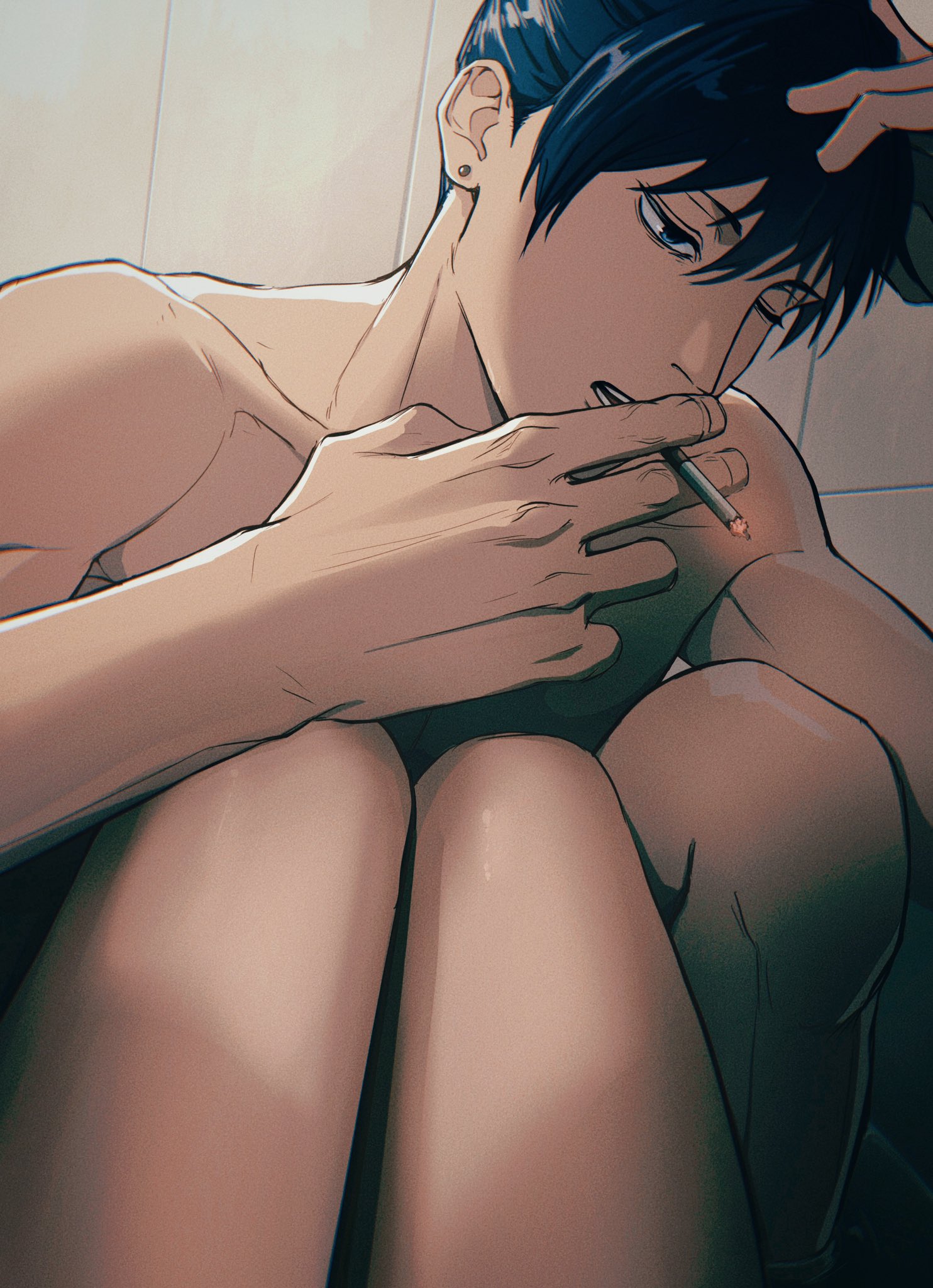 1boy, chainsaw man, female, female pov, female self insert, hayakawa aki, legs, male, male focus, pale skin, pov, pov female, smoking, straight, thighs, y/n, yuannaoi