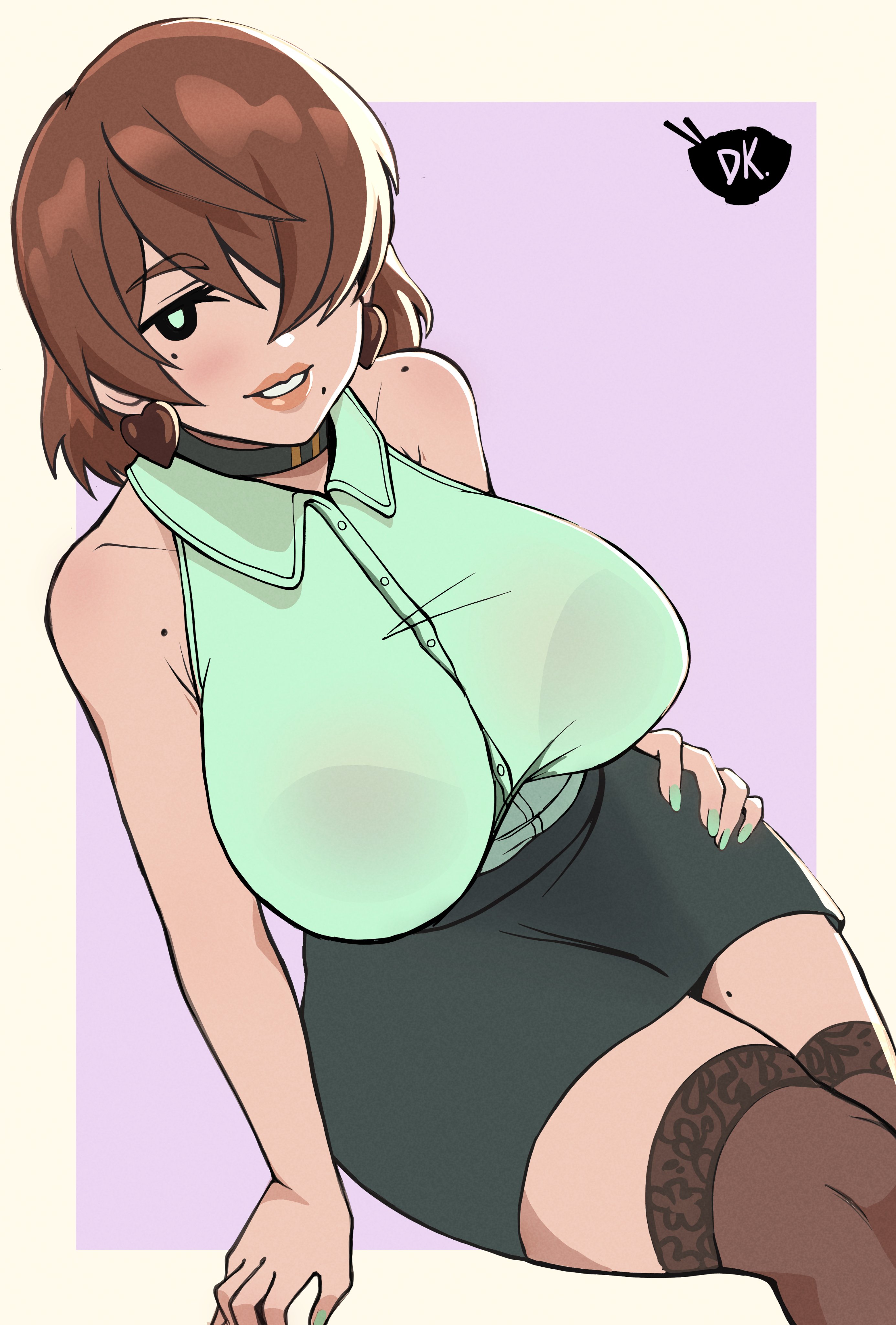 1girls, absurd res, big breasts, black eyes, bra visible through clothes, breasts, brown hair, choker, dk stuff, earrings, female, female only, hair over one eye, looking at viewer, louise (rizdraws), medium hair, mole, mole on shoulder, mole under eye, mole under mouth, narrowed eyes, office lady, sitting, skirt, sleeveless shirt, smiling, smiling at viewer, solo, stockings, viewed from above