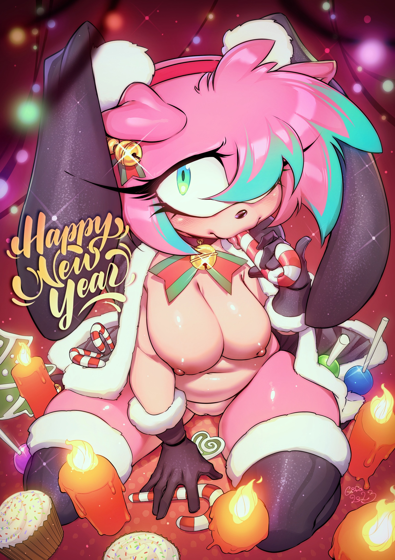 1girls, amy rose, anthro, big breasts, black gloves, breasts, chubby, english text, female, furry, furry female, gofa, happy new year, looking at viewer, looking up, navel, new year, nipples, nude, pink hair, pussy, sega, shaved pussy, short hair, sonic (series), sonic the hedgehog (series), sucking, thighhighs, tongue, tongue out