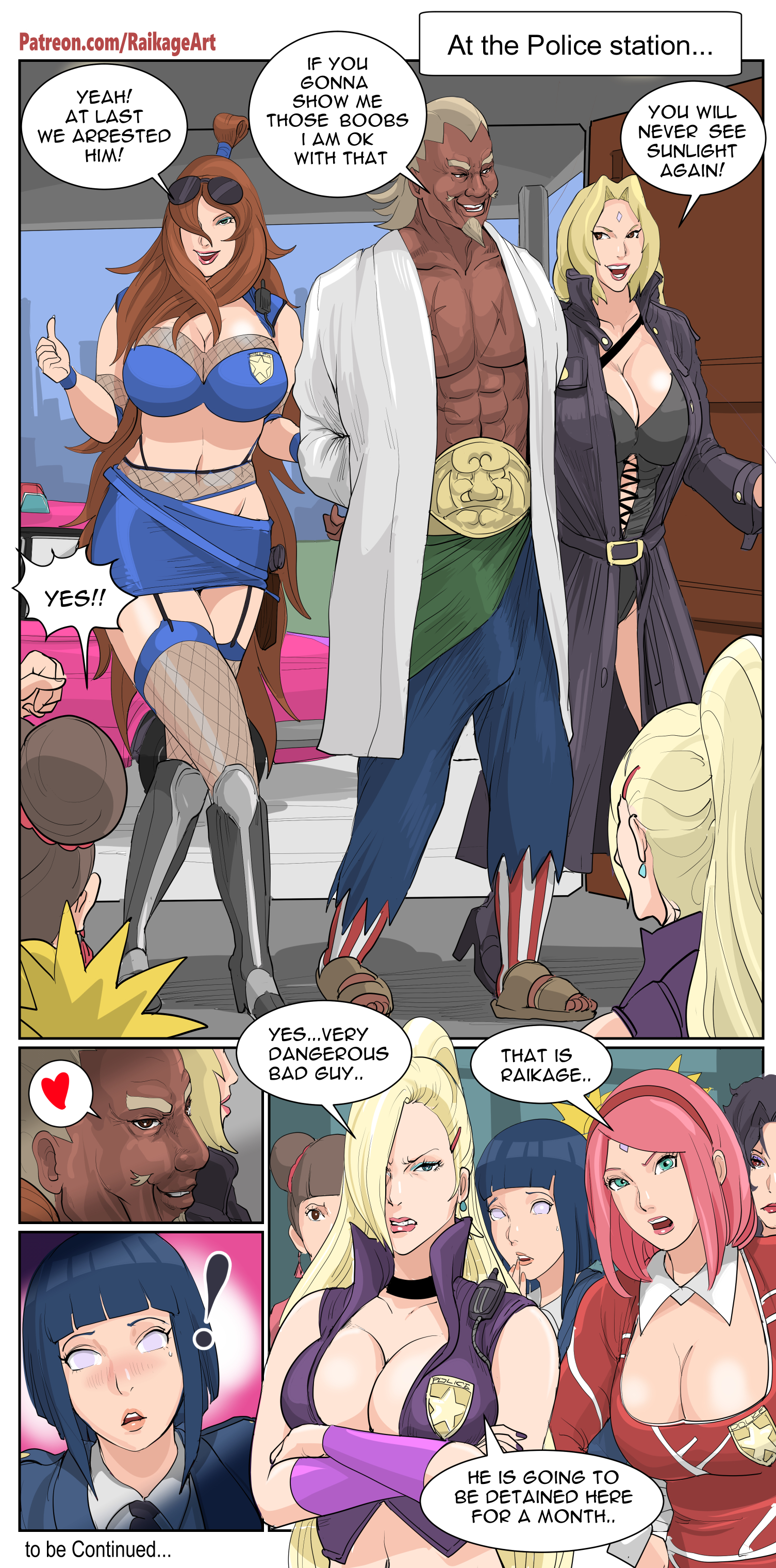 1boy, 6girls, breasts, cleavage, dark skin, dark-skinned male, english text, female, fishnets, high heel boots, high heels, huge breasts, human, hyuuga hinata, ino yamanaka, interracial, kurenai yuhi, large breasts, light skin, light-skinned female, male, mei terumi, multiple females, multiple girls, naruto, naruto (series), naruto shippuden, raikage, raikage art, sakura haruno, temari, tenten, text, tsunade, uzumaki hinata