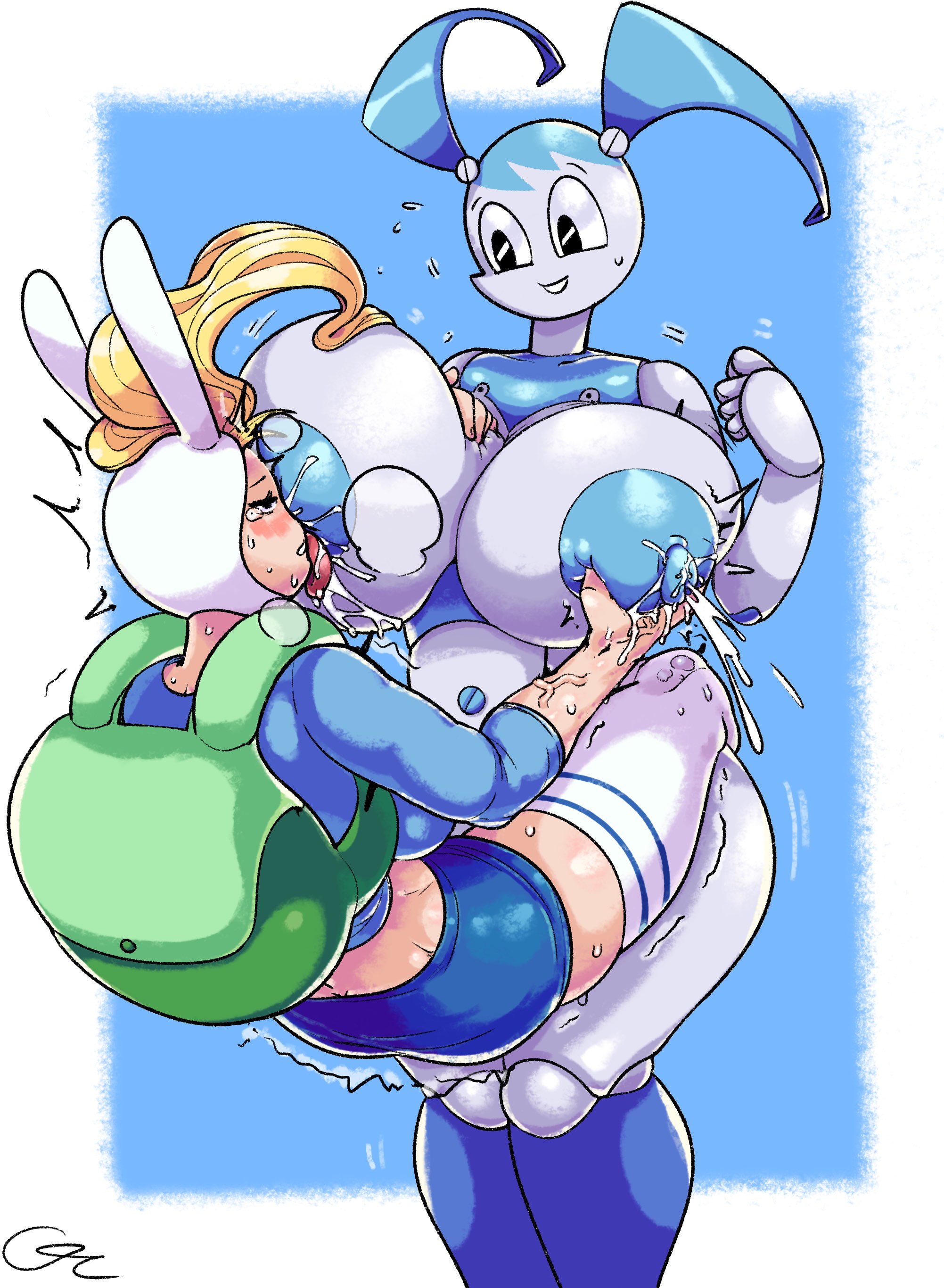 2girls, adventure time, areola, areolae, backpack, bare shoulders, big breasts, blonde hair, blush, breast grab, breast sucking, breastfeeding, breasts, cartoon network, clothed, clothing, crossover, female, female only, fionna the human girl, jenny wakeman, lactation, large breasts, milk, my life as a teenage robot, navel, nickelodeon, nipples, open mouth, powergorani, simple background, smile, standing, sucking nipples, tears, thick thighs, thighhighs, tongue, tongue out, wide hips, xj-9, yuri