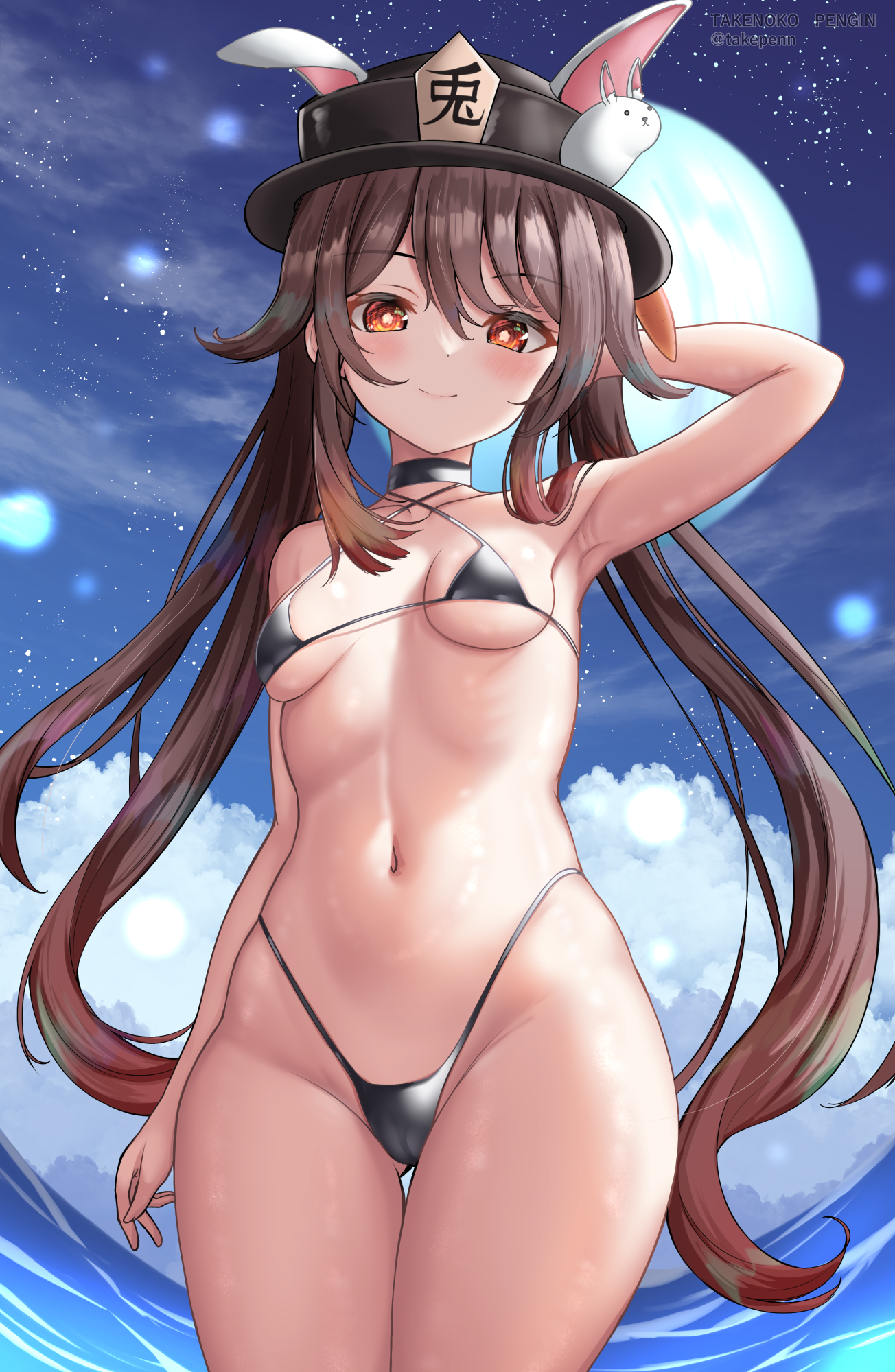 1girls, bikini, black bikini, breasts, brown hair, bunny ears, female, genshin impact, hat, hu tao (genshin impact), light skin, light-skinned female, long hair, micro bikini, outdoors, perky breasts, petite, petite body, slim body, slim waist, small breasts, smile, takenoko pengin