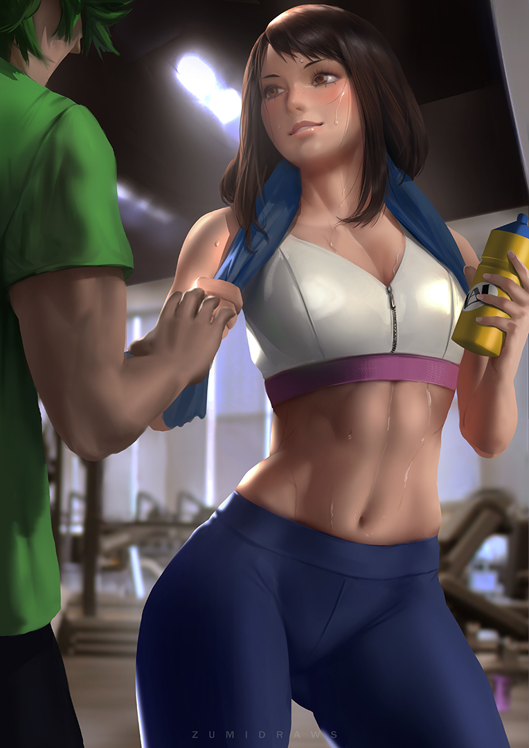 1boy 1girls blurry_background gym gym_uniform izuku_midoriya my_hero_academia navel nervous ochako_uraraka sports_bra sweat sweating towel towel_around_neck workout zumi zumi_(zumidraws)