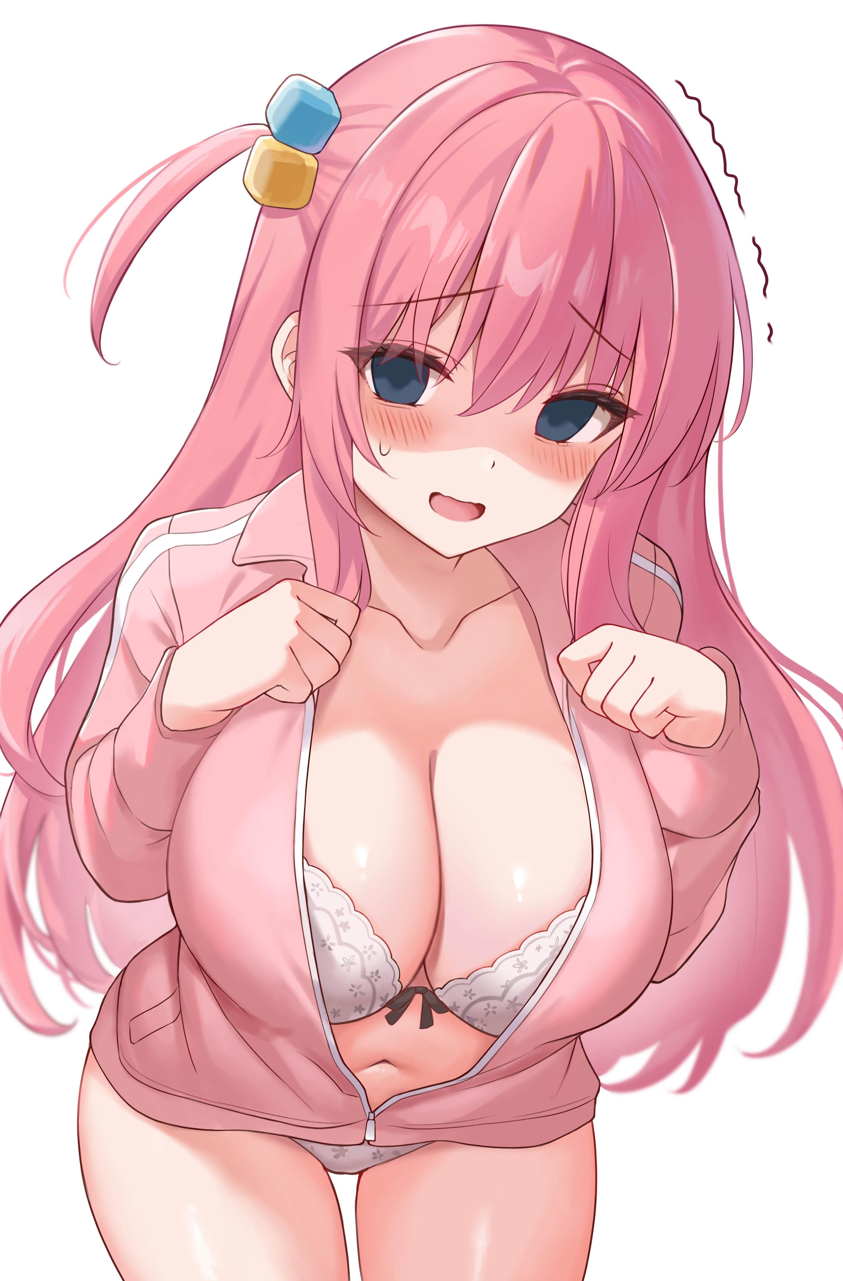 1girls, big breasts, blue eyes, bocchi the rock!, bra, breasts, cleavage, embarrassed, empty eyes, female, gotou hitori, hayasaka (a865675167774), human, human female, large breasts, light-skinned female, long hair, pink hair, scared, solo, tagme, teenage female, teenager, trembling, underboob, variant set