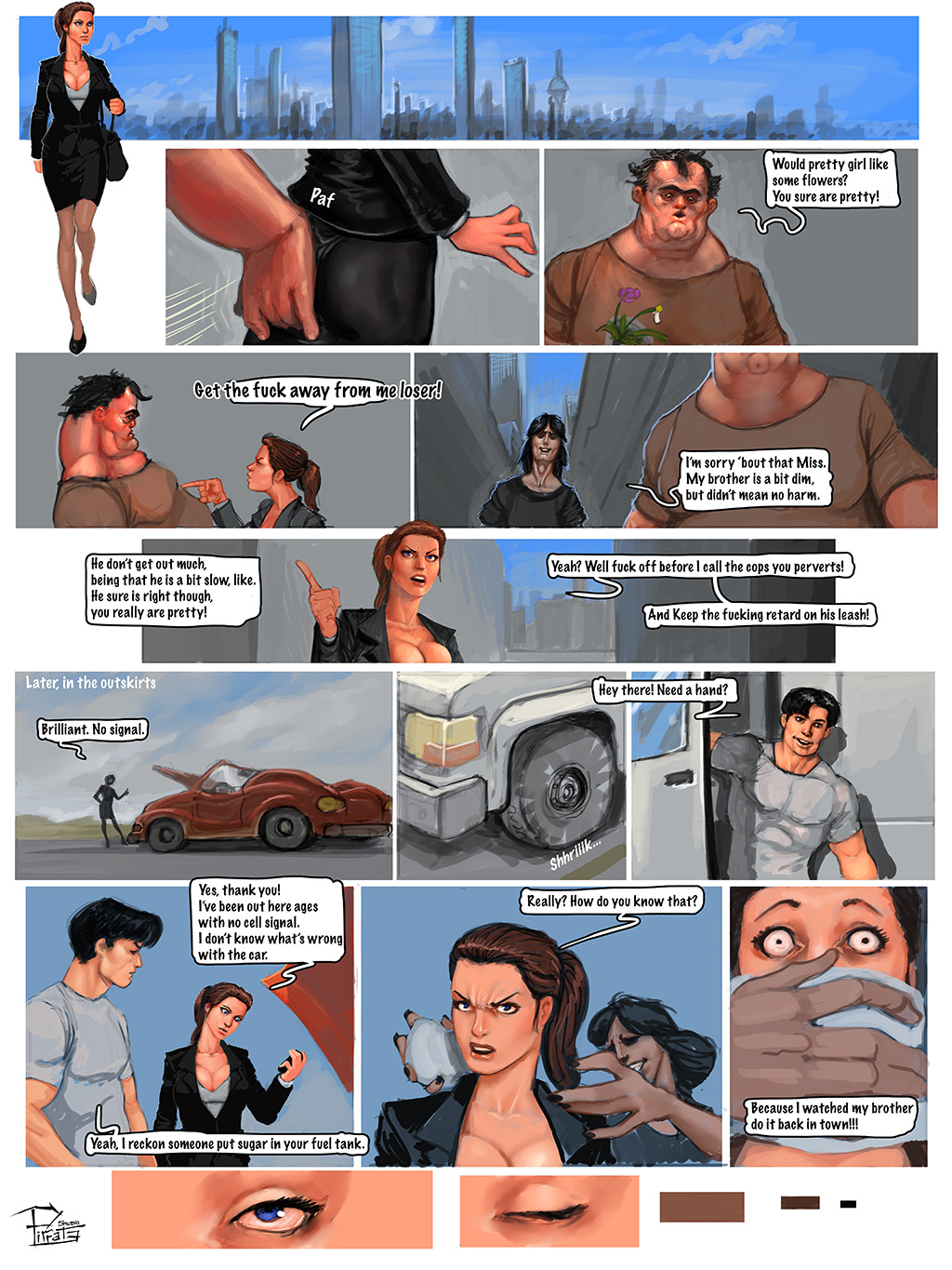 1girls, 3boys, abducted, brown hair, car, clothed, comic, english text, female, imminent rape, kidnapped, male, slapping butt, studio-pirrate (rosselito), tagme, text, unconscious, van