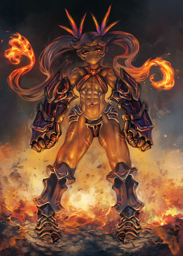 abs absurd_res armored_boots black_hair blonde_hair boots breasts burning clenched_hands dark-skinned_female dark_skin facial_mark female fire full_body gauntlets granblue_fantasy hi_res io_(granblue_fantasy) io_euclase long_hair muscular muscular_female navel orange_eyes orange_hair sling_bikini_top small_breasts smile solo twintails two_tone_hair yilx