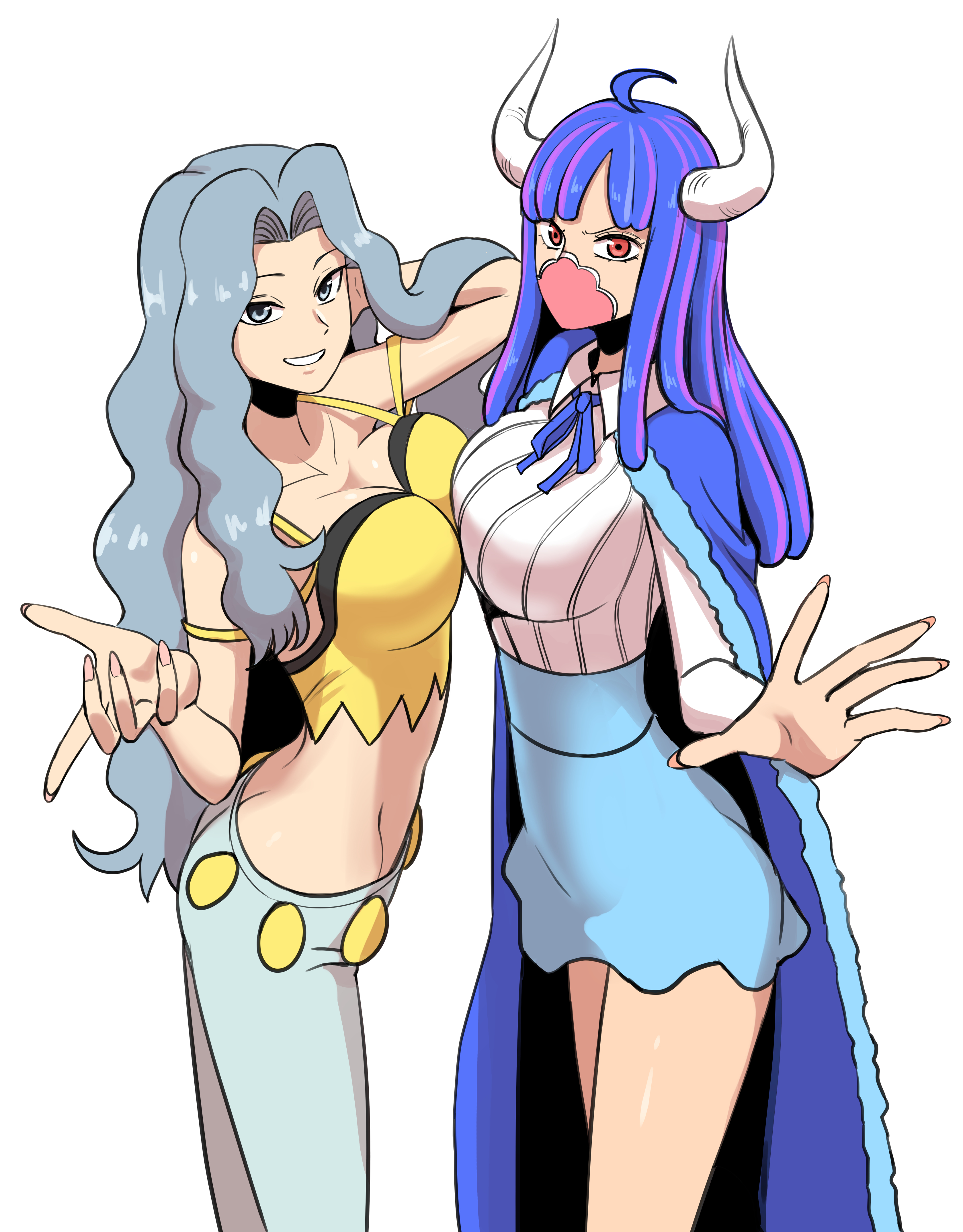 2girls, blue eyes, blue hair, blue-haired female, breasts, cleavage, crossover, elite four, facemask, female, female only, horns, karen (pokemon), large breasts, long hair, looking at viewer, mask, masked female, one piece, pokemon, pokemon hgss, red eyes, ulti (one piece), ㅅㅍㅇ