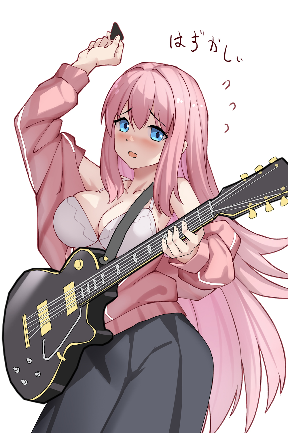 big_breasts blue_eyes bocchi_the_rock! bra electric_guitar gotou_hitori guitar guitar_pick guitarist haimei1980 jacket les_paul long_hair pink_hair pink_jacket taking_off_jacket underwear white_bra