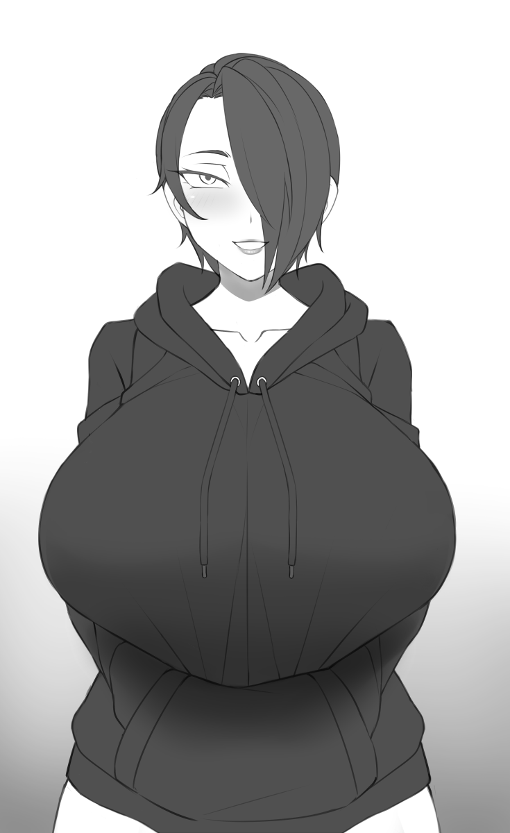 big_breasts black_hair enormous_breasts hair_over_one_eye hands_in_pockets hoodie huge_breasts massive_breasts original_character saya_(twrlare) twrlare