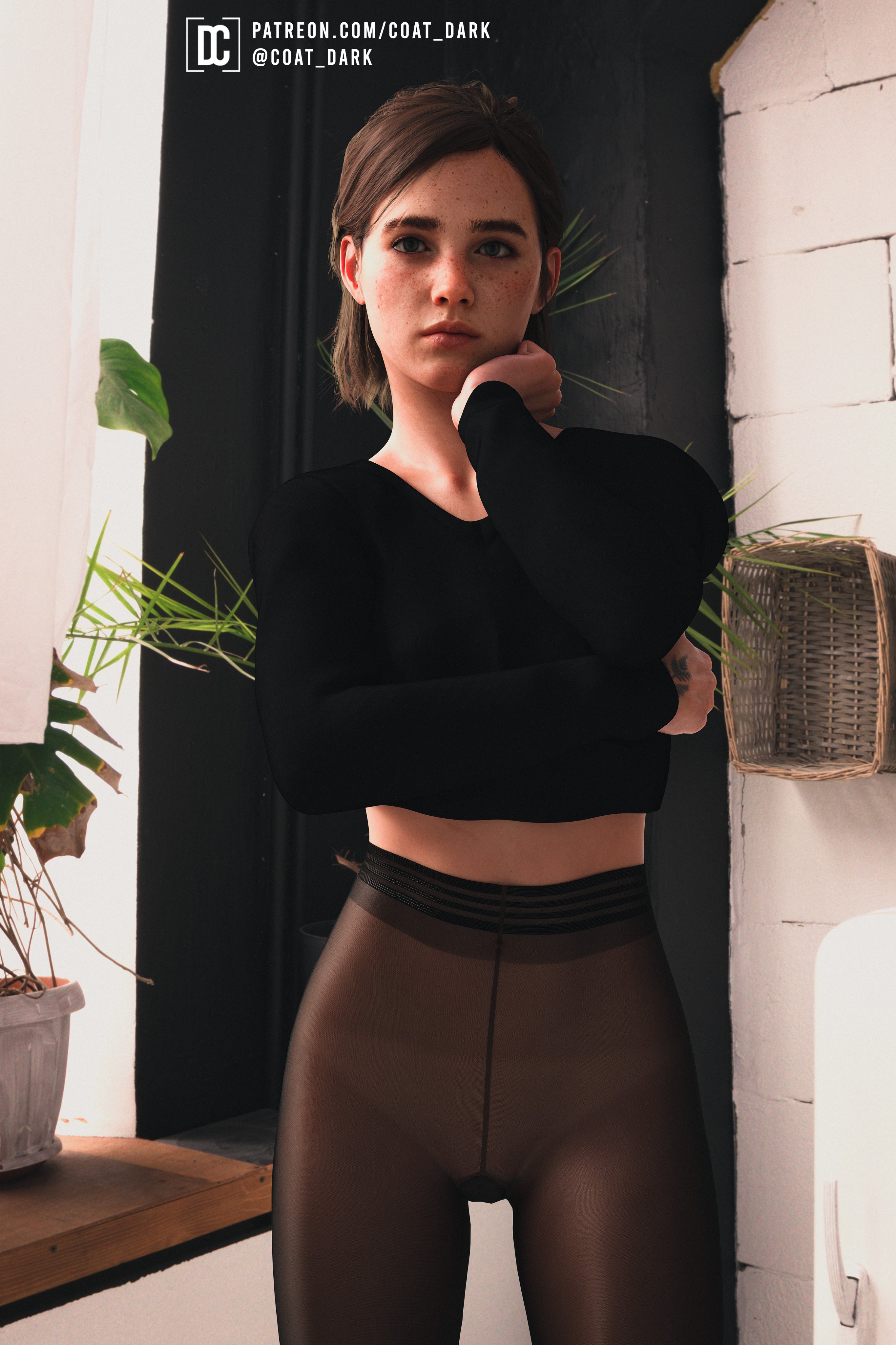 1girls, 3d, 3d (artwork), alternate version available, brown hair, coatdark, ellie (the last of us), ellie williams, female, female focus, female only, freckles, hi res, highres, midriff, naughty dog, pantyhose, posing, solo, solo female, solo focus, sony interactive entertainment, the last of us, the last of us 2, tied hair