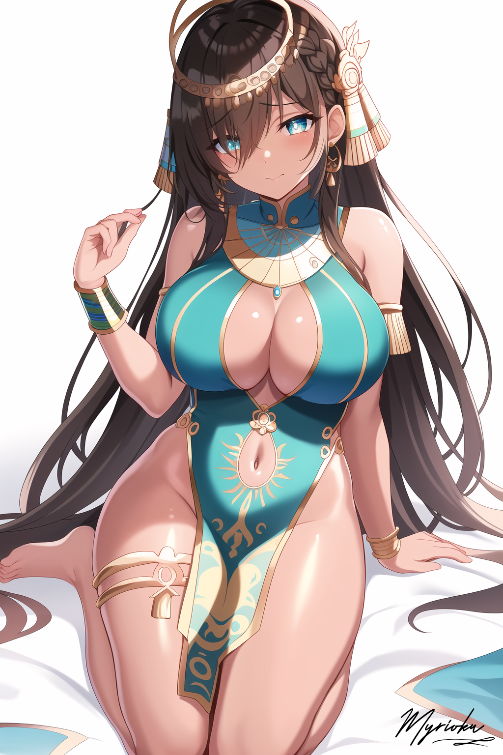 ai_generated artist_request blue_eyes bracelet brown_hair circlet cleavage cleavage_cutout cleopatra dark-skinned_female dark_skin egyptian jewelry large_breasts long_hair myrioku navel navel_cutout sitting solo stable_diffusion thighlet white_background