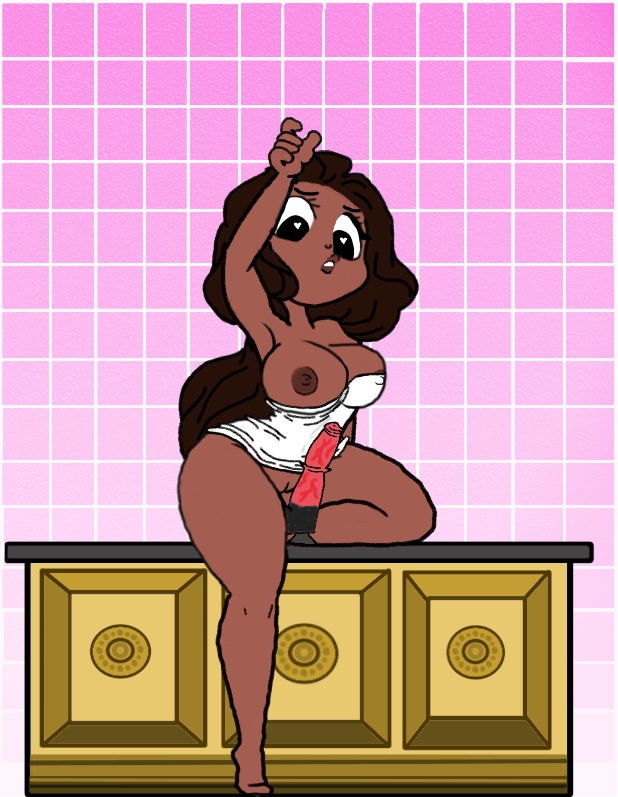 1girls amicissimum areola areola_slip areolae arm_raised armpit bare_shoulders barefoot big_head biting_lip biting_lower_lip breast_slip breasts brown_hair cleavage countertop curvy curvy_female dark-skinned_female dark_skin dildo dildo_on_stomach dress exposed_breast exposed_pussy fanart female female_focus hearts_in_eyes horny horse_dildo horsecock horsecock_dildo hourglass_figure knee_up long_hair long_legs looking_down nervous nipple nipple_bulge nipples ohthesunnyside pink_background reaching_up sex_toy shaved_pussy short_dress solo_female sunny_(ohthesunnyside) thick_thighs thin_waist tight_clothing tile_wall variant wardrobe_malfunction white_dress